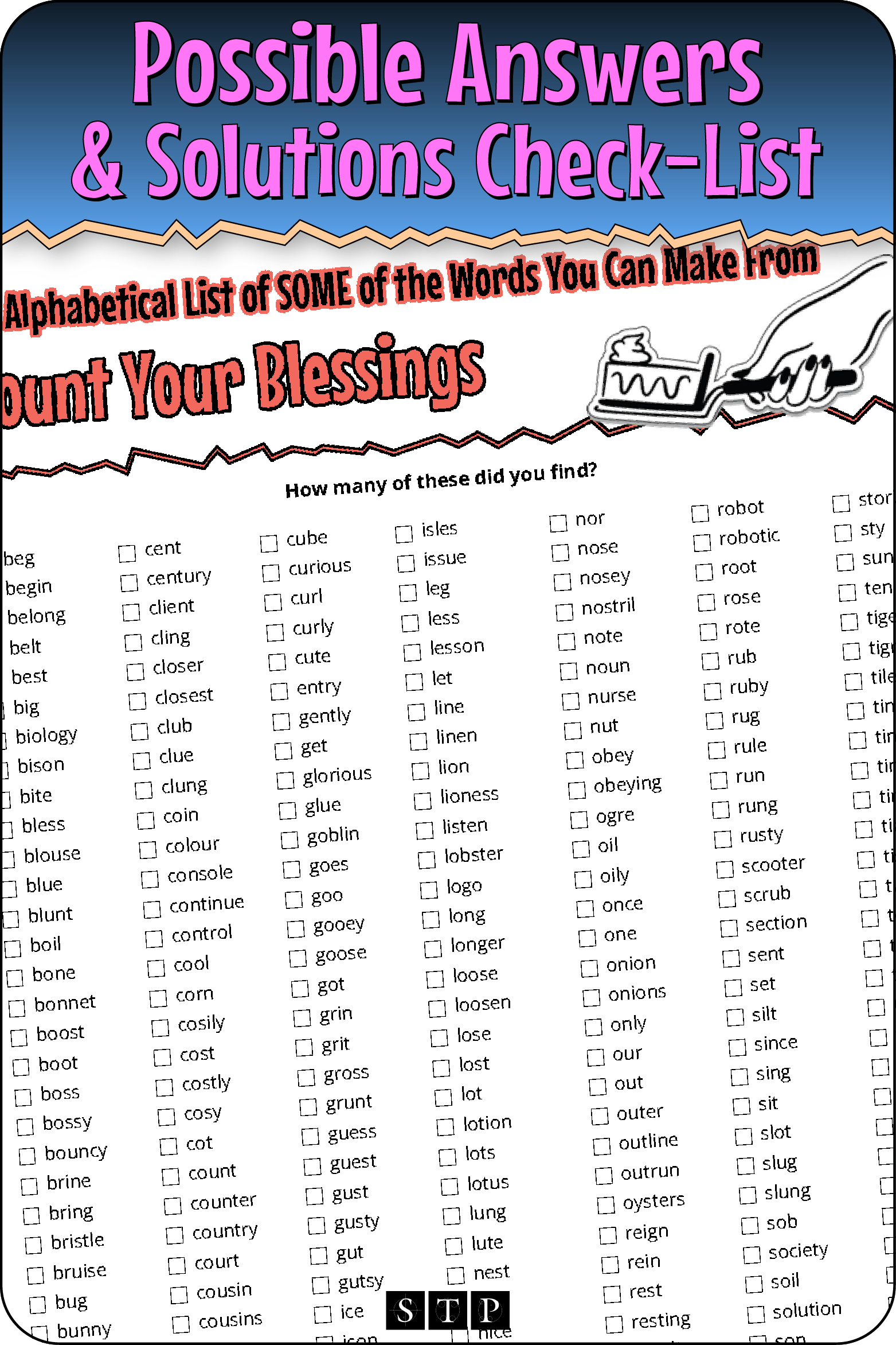 A 'look inside' preview showing a list of possible solutions for the 'Count Your Blessings' (Version 1) letter jumble