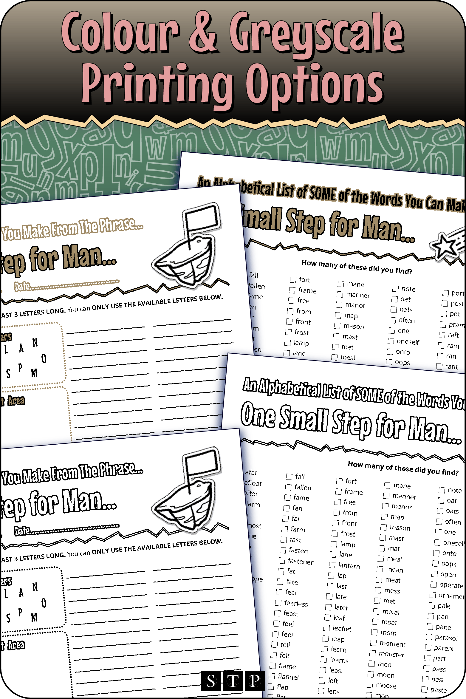 A 'look inside' preview showing the resource is available in both colour-accented and ink-friendly greyscale printing options.