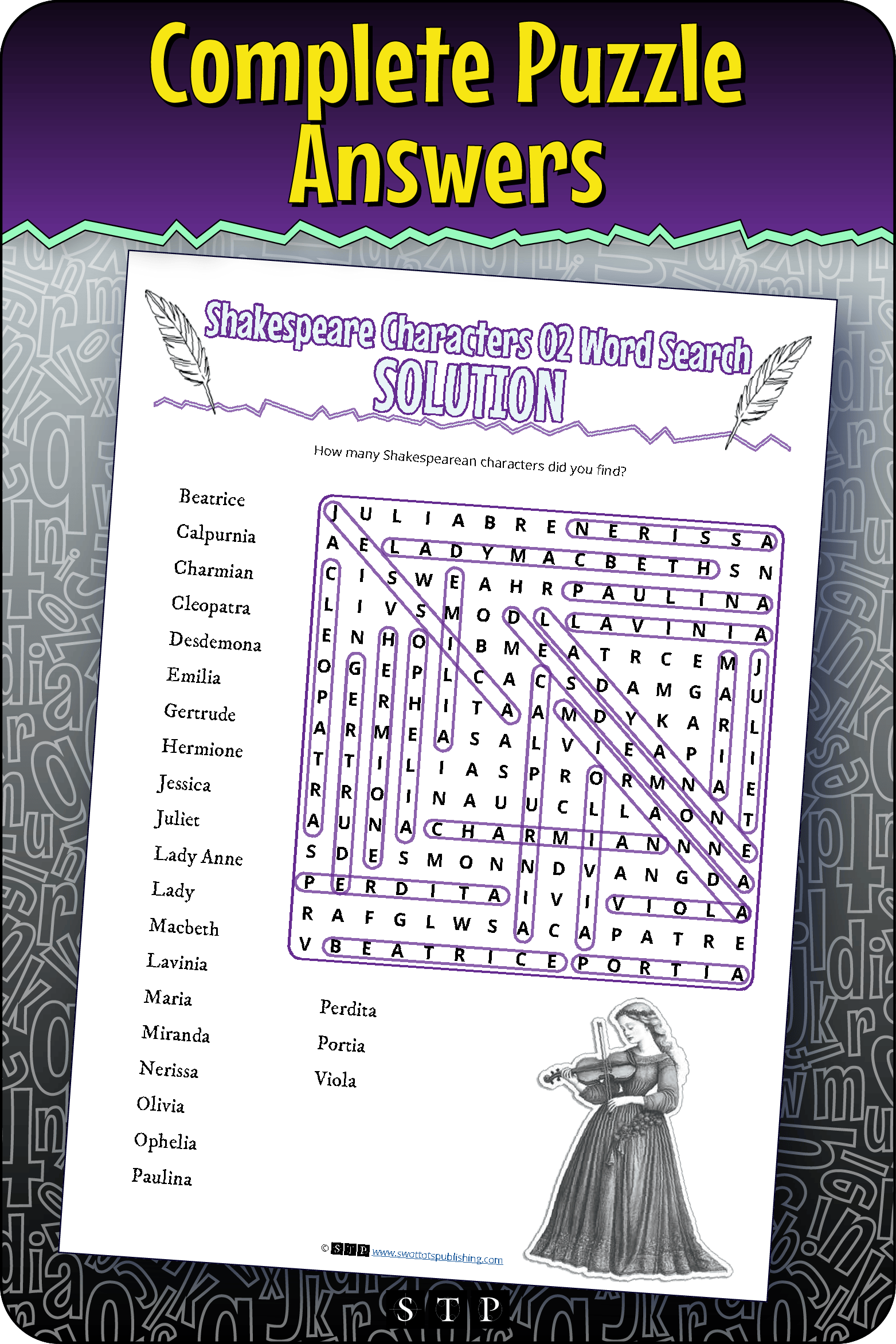 A 'look inside' preview showing the complete Shakespeare Characters 02 word search puzzle answers.