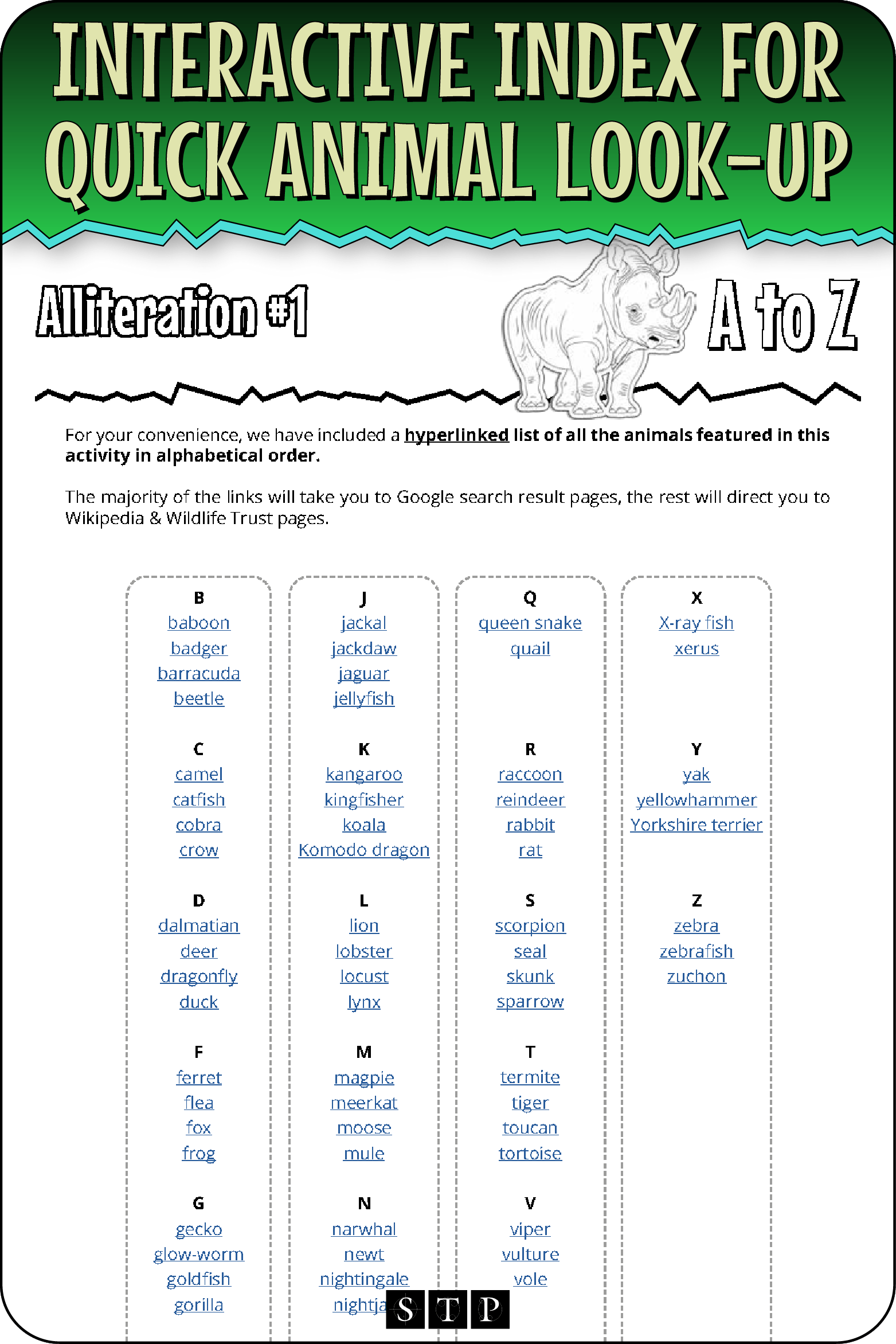 A 'look inside' preview showing the hyperlinked list of animals featured in the 'Animal Alliteration' activity.