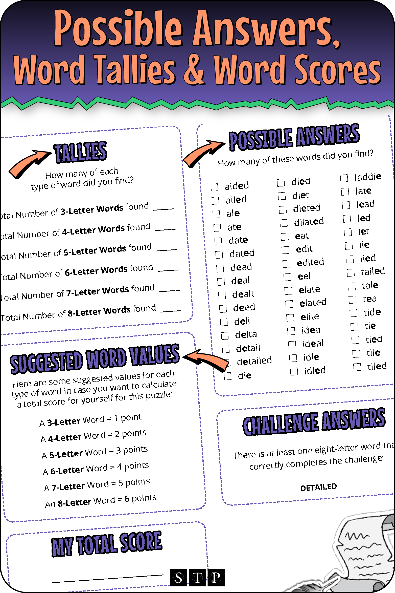 A 'look inside' preview highlighting the key features of the second page of the 'ETEAIDDL' word wheel puzzle