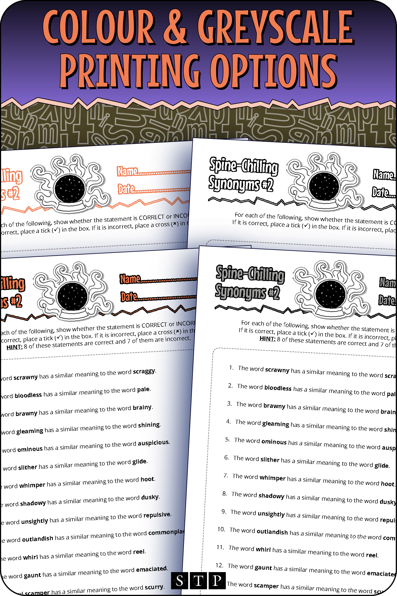 A 'look inside' preview showing the resource is available in both colour-accented and ink-friendly greyscale printing options.