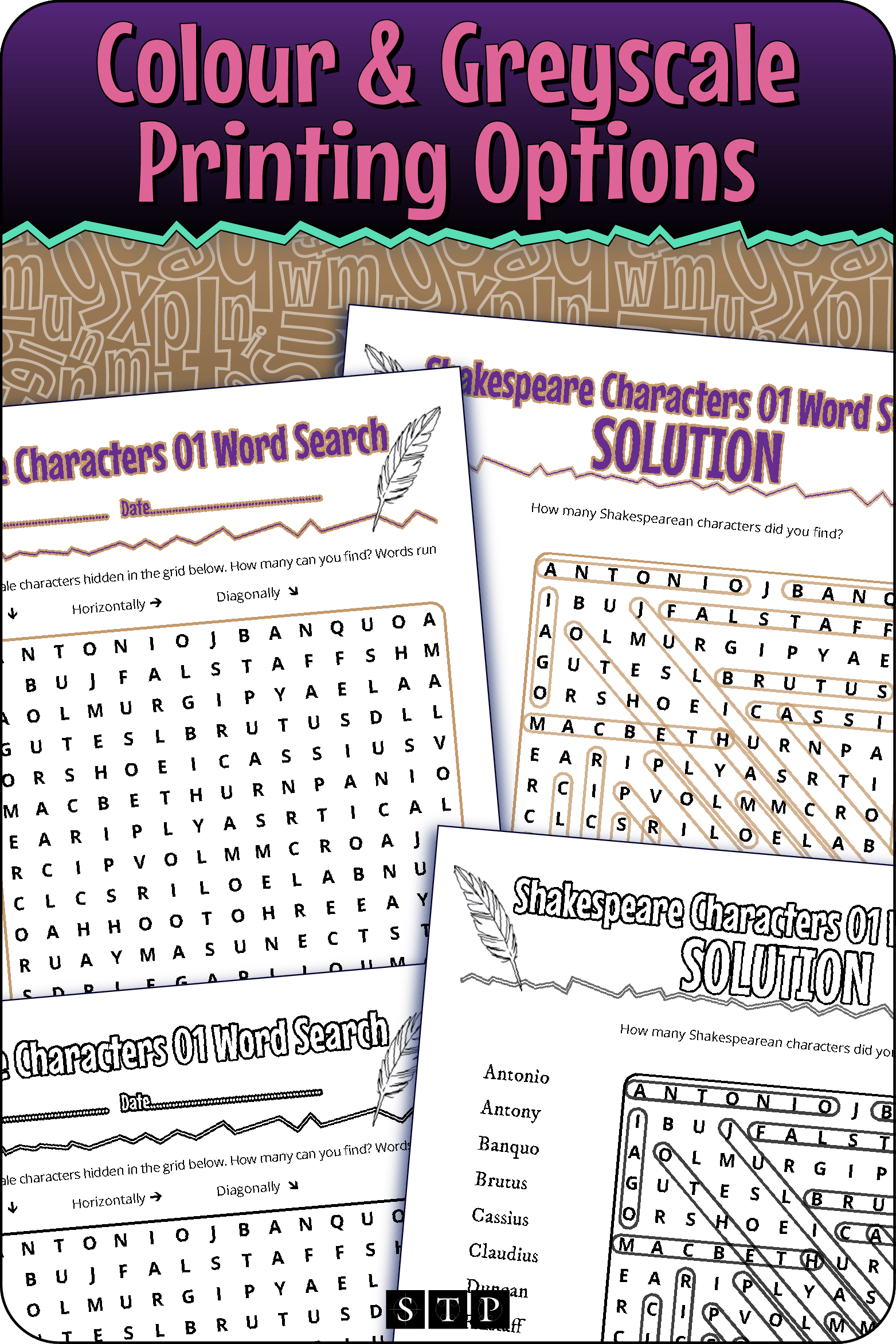 A 'look inside' preview showing the resource is available in both colour-accented and ink-friendly greyscale printing options.