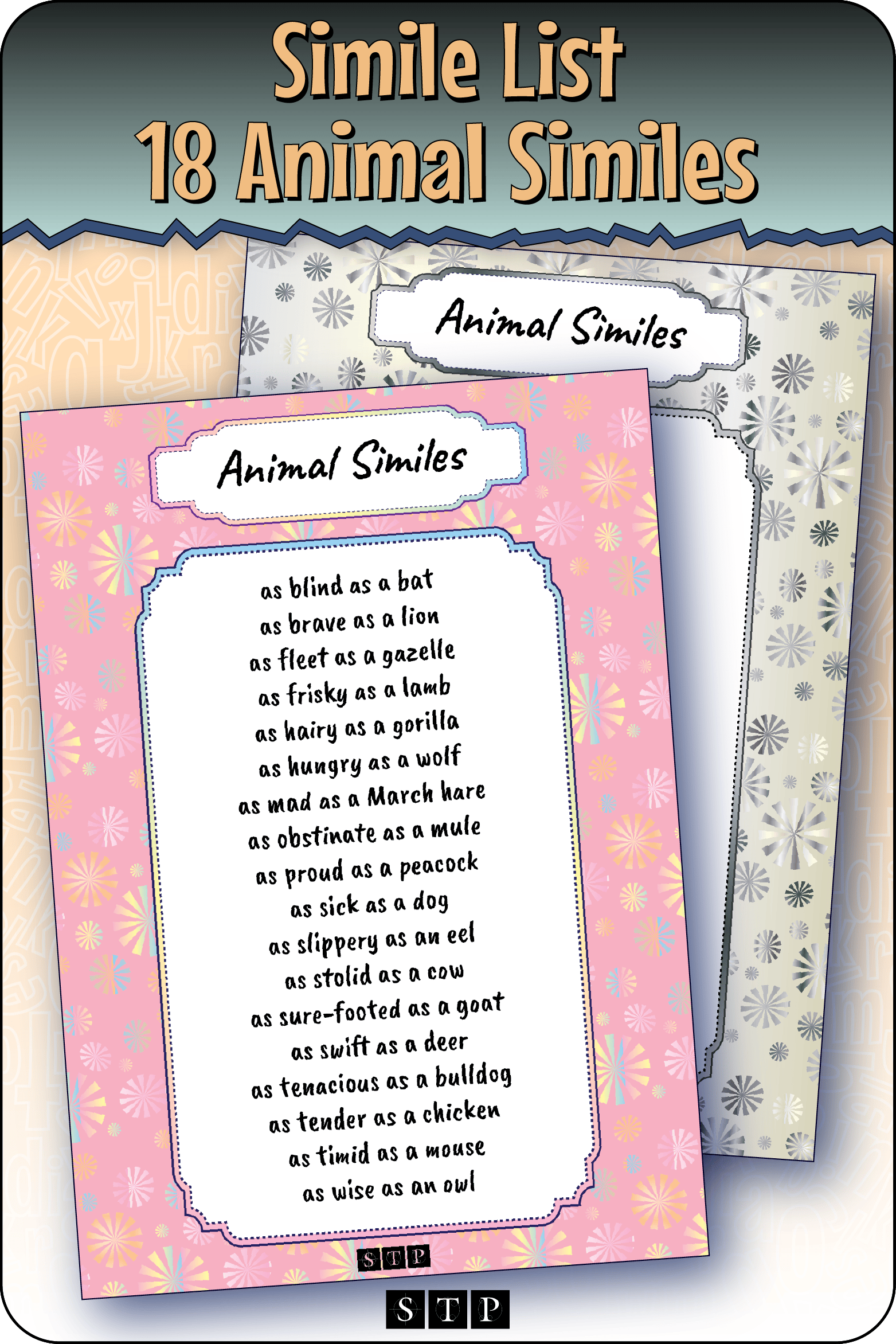 A mock-up of the 'Animal Similes' phrase list, a free vocabulary resource for download for Years 5 & 6.