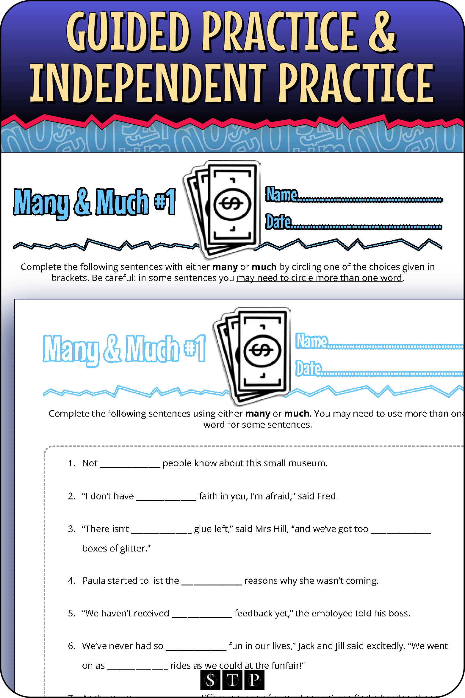A 'look inside' preview showing the two differentiated worksheets: Version 1 (Guided Practice) with hints and Version 2 (Independent Practice).