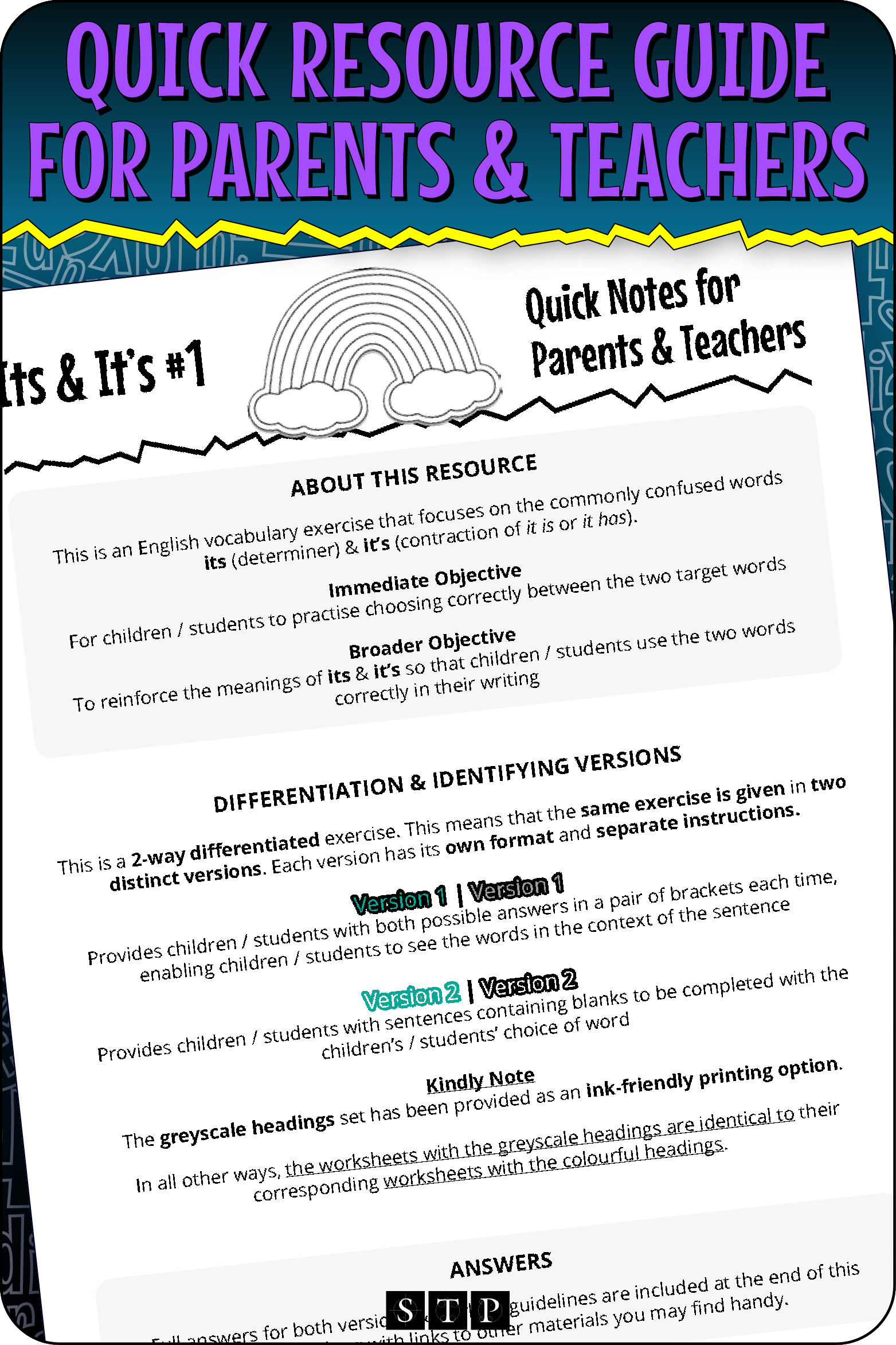 A 'look inside' preview highlighting the 'Quick Resource Guide for Parents & Teachers' included with the worksheets which explains the resource's learning objectives and differentiated versions.