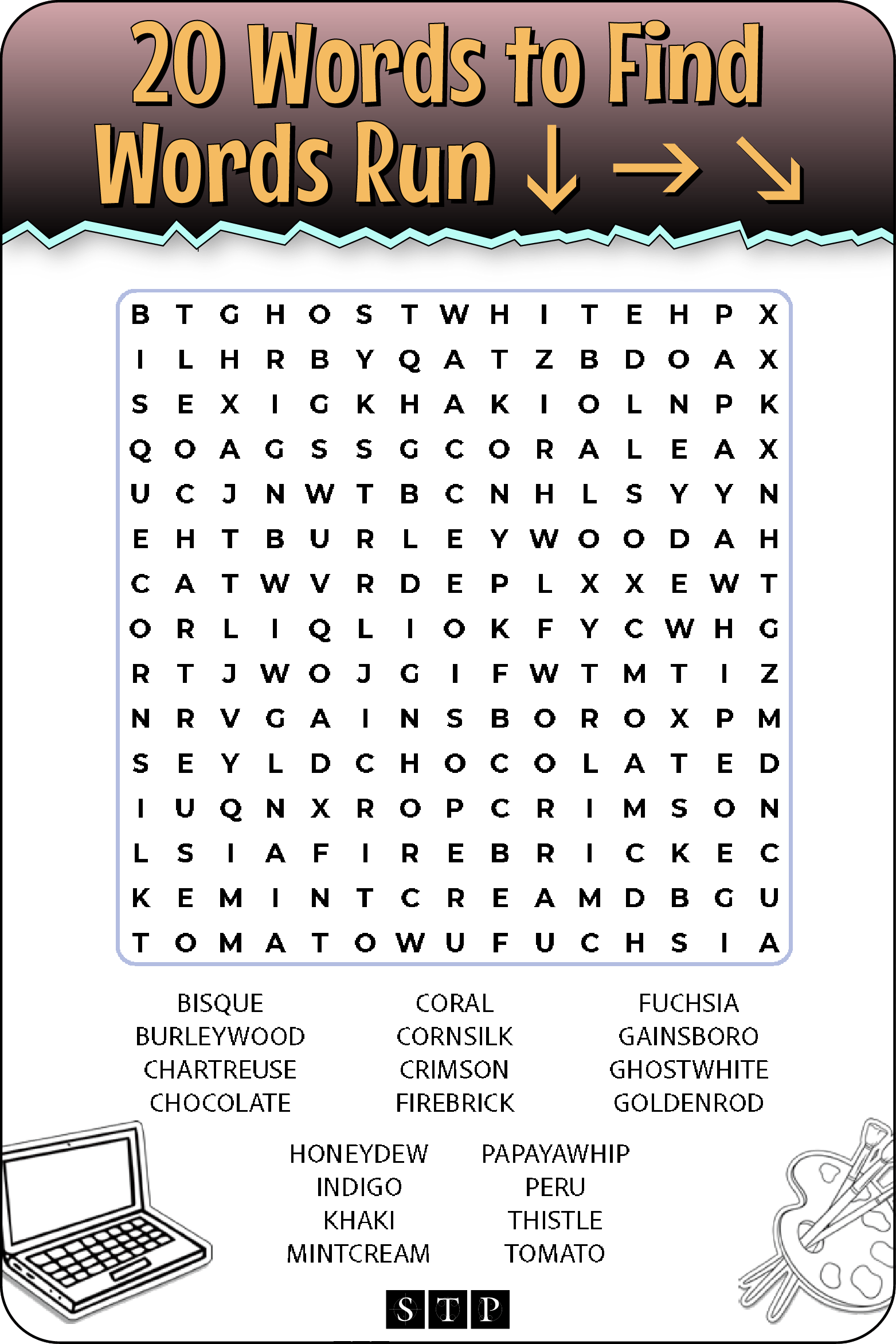 A 'look inside' preview showing the total number of words to find and the directions that the words take in the grid of the 'Computer Colours' word search puzzle.