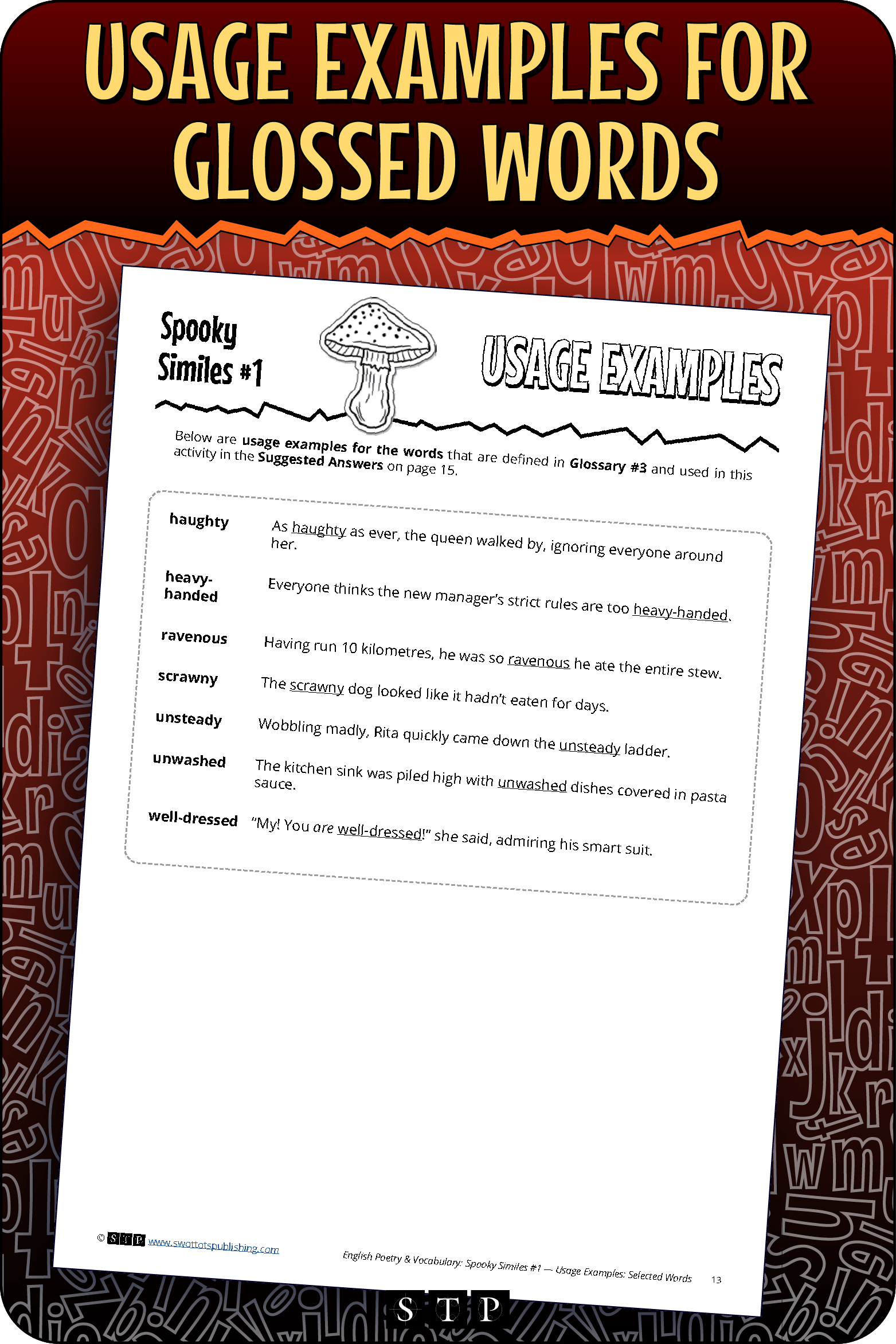 A 'look inside' preview showing the usage examples provided for the glossed words in the 'Spooky Similes #1' activity.