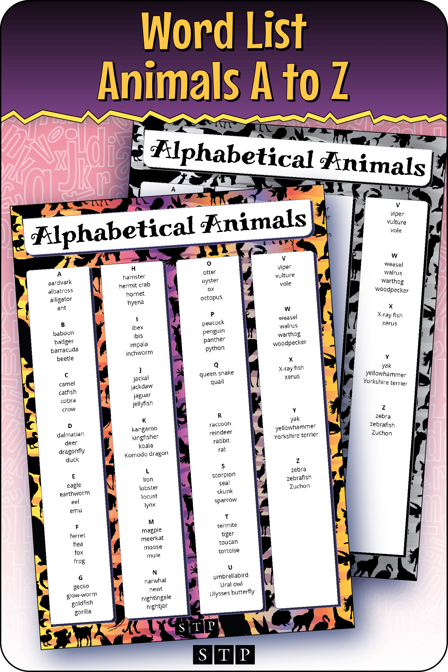 A mock-up of the 'Alphabetical Animals' list of creature names, a free vocabulary and spelling resource for download for Years 6 & 7.