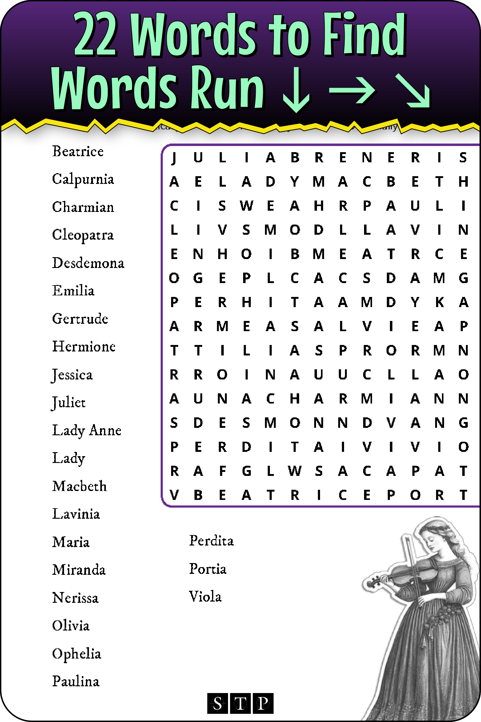 A 'look inside' preview showing the total number of words to find and the directions that the words take in the grid of the 'Shakespeare Characters #2' word search puzzle.