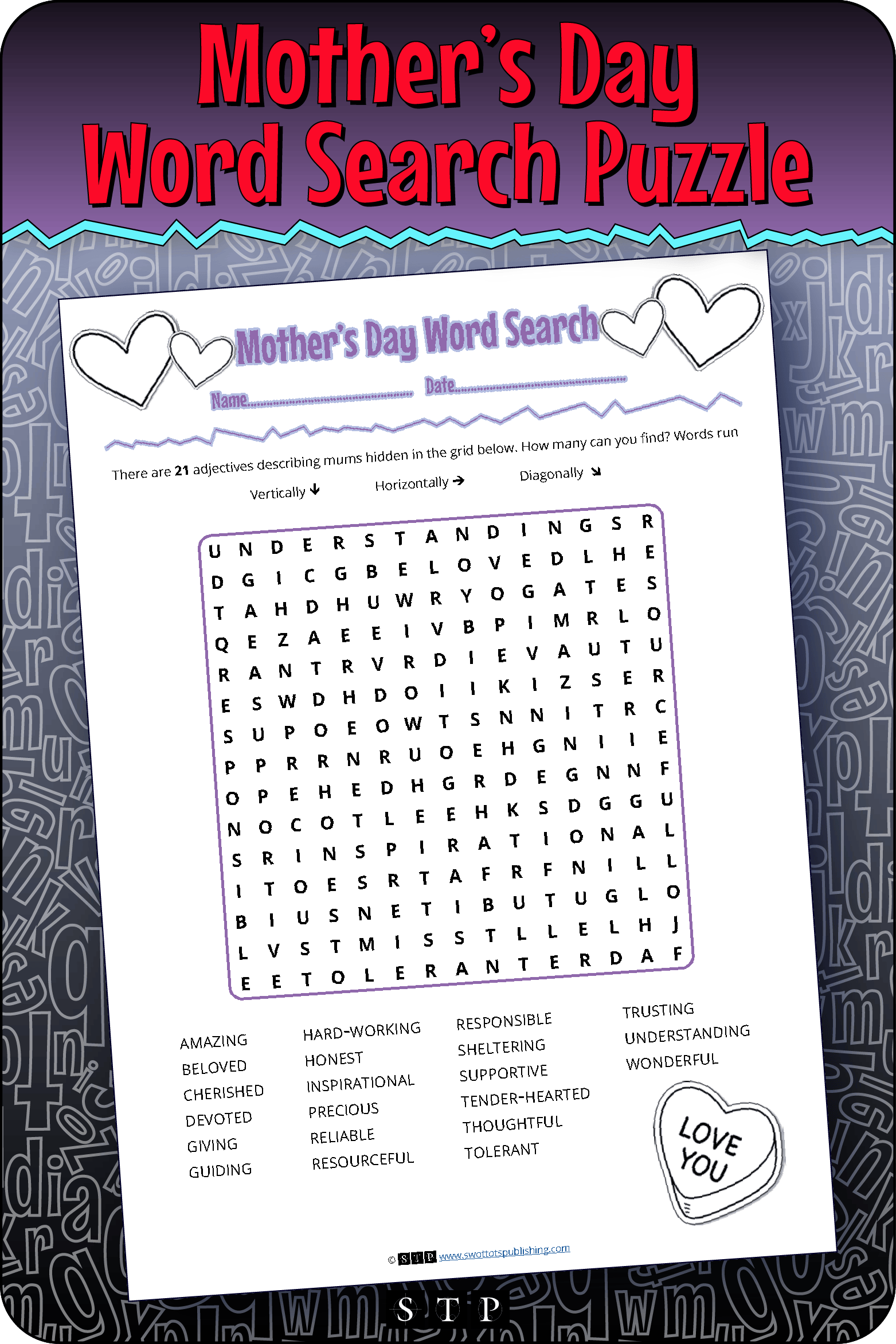 A mock-up of the 'Mother's Day' word search puzzle, a free word game for download.