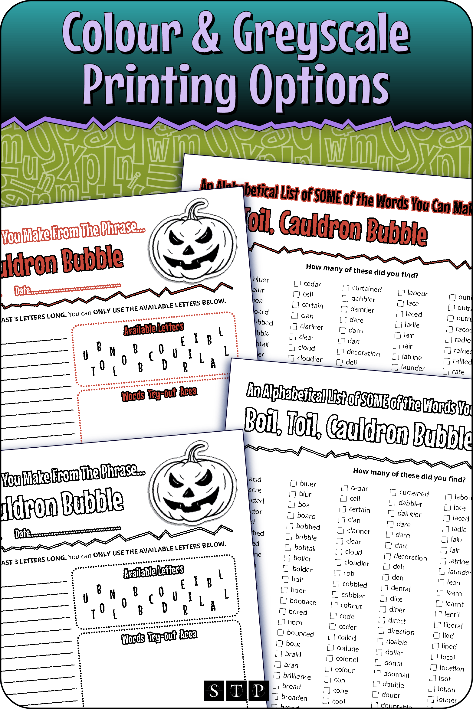 A 'look inside' preview showing the resource is available in both colour-accented and ink-friendly greyscale printing options.
