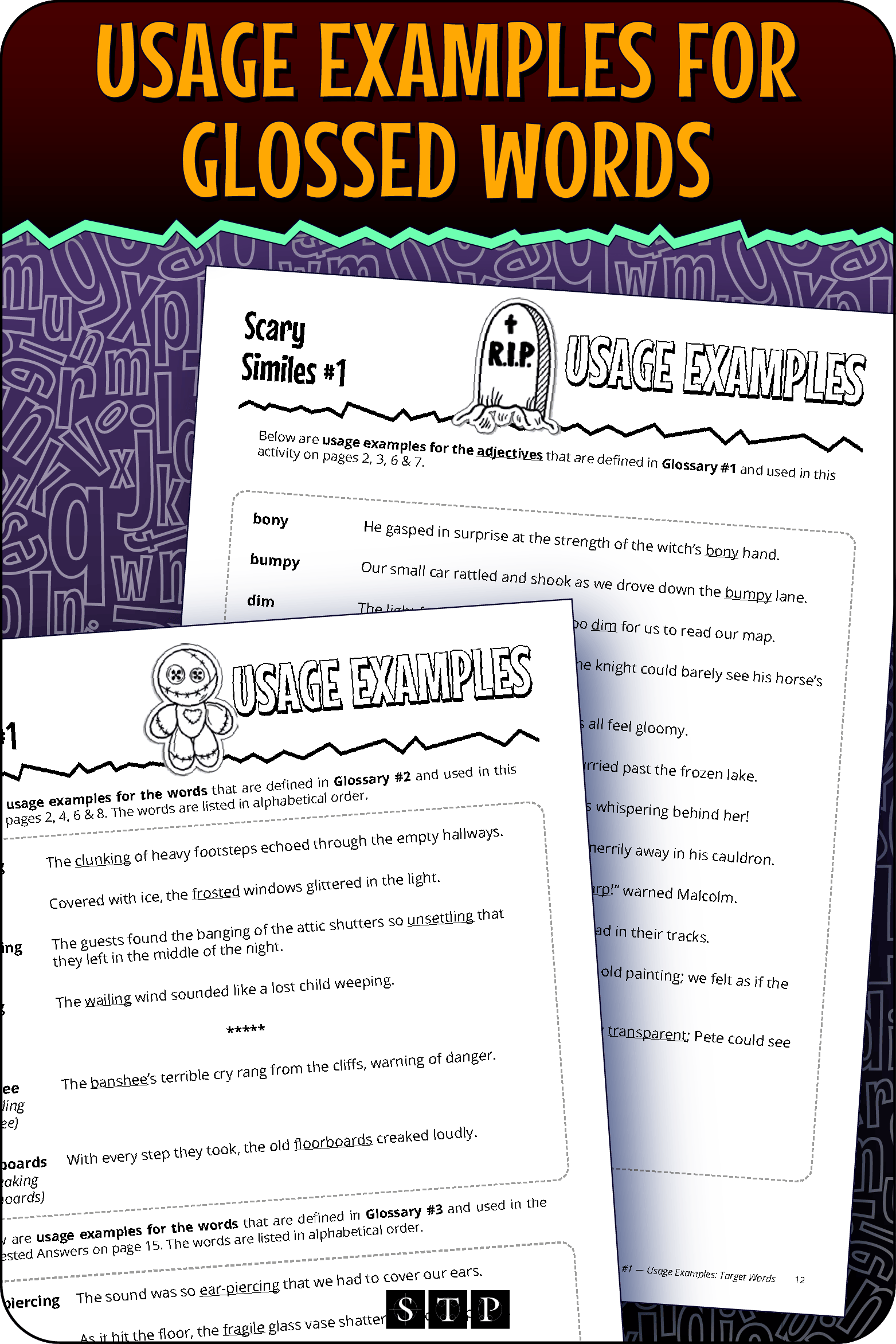A 'look inside' preview showing the usage examples provided for the glossed words in the 'Scary Similes #1' activity.