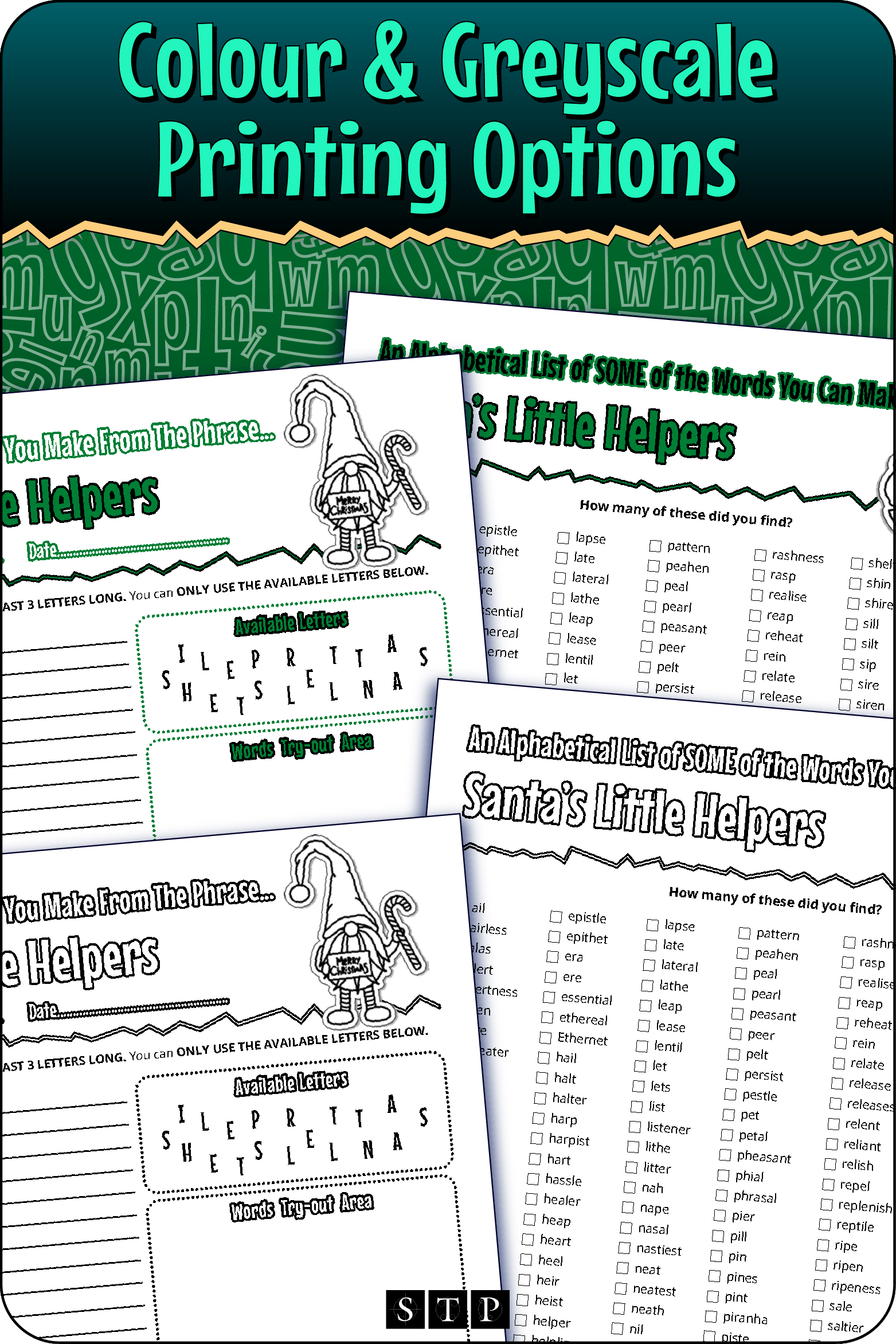 A 'look inside' preview showing the resource is available in both colour-accented and ink-friendly greyscale printing options.