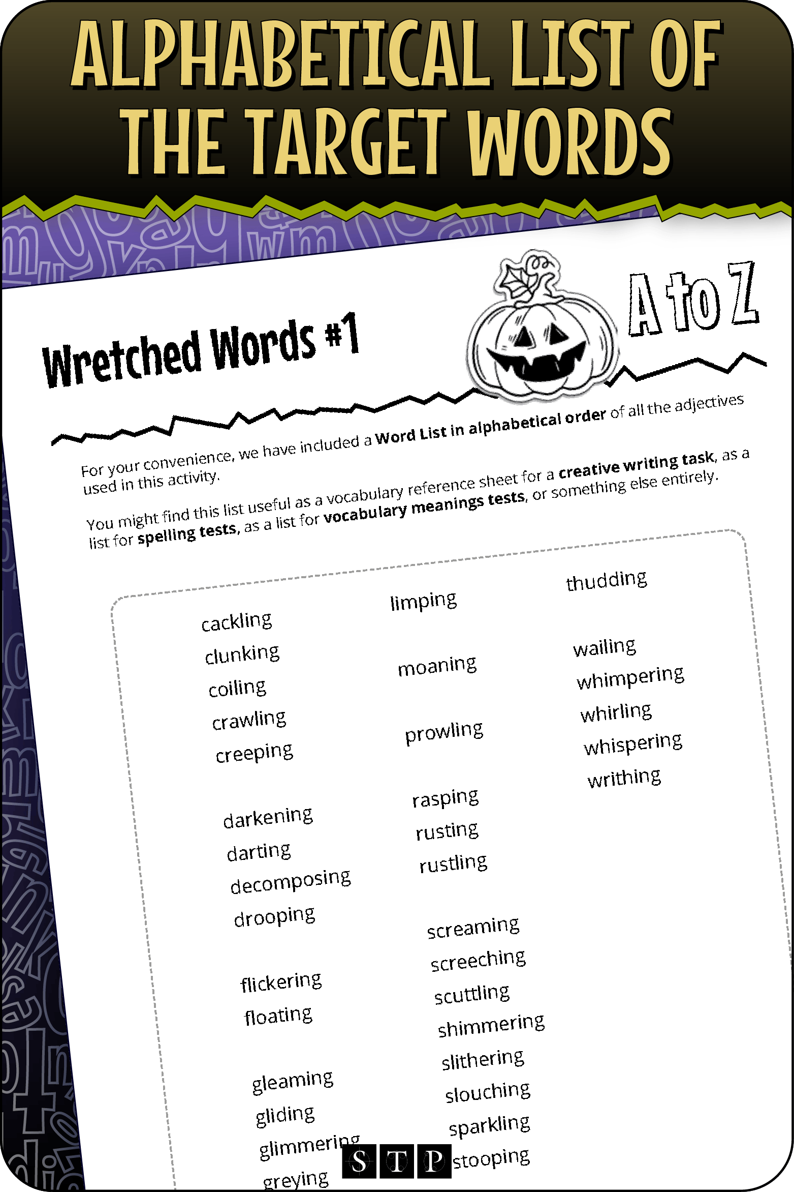 A 'look inside' preview showing the alphabetical list of target words used in the 'Wretched Words #1' activity.