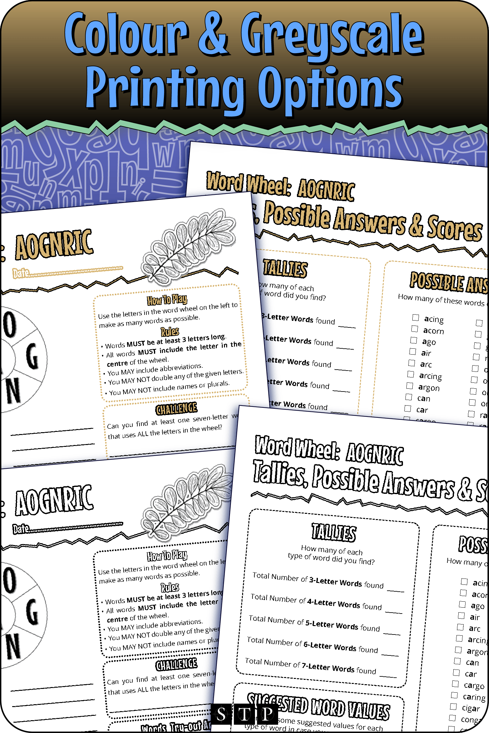 A 'look inside' preview showing the resource is available in both colour-accented and ink-friendly greyscale printing options.