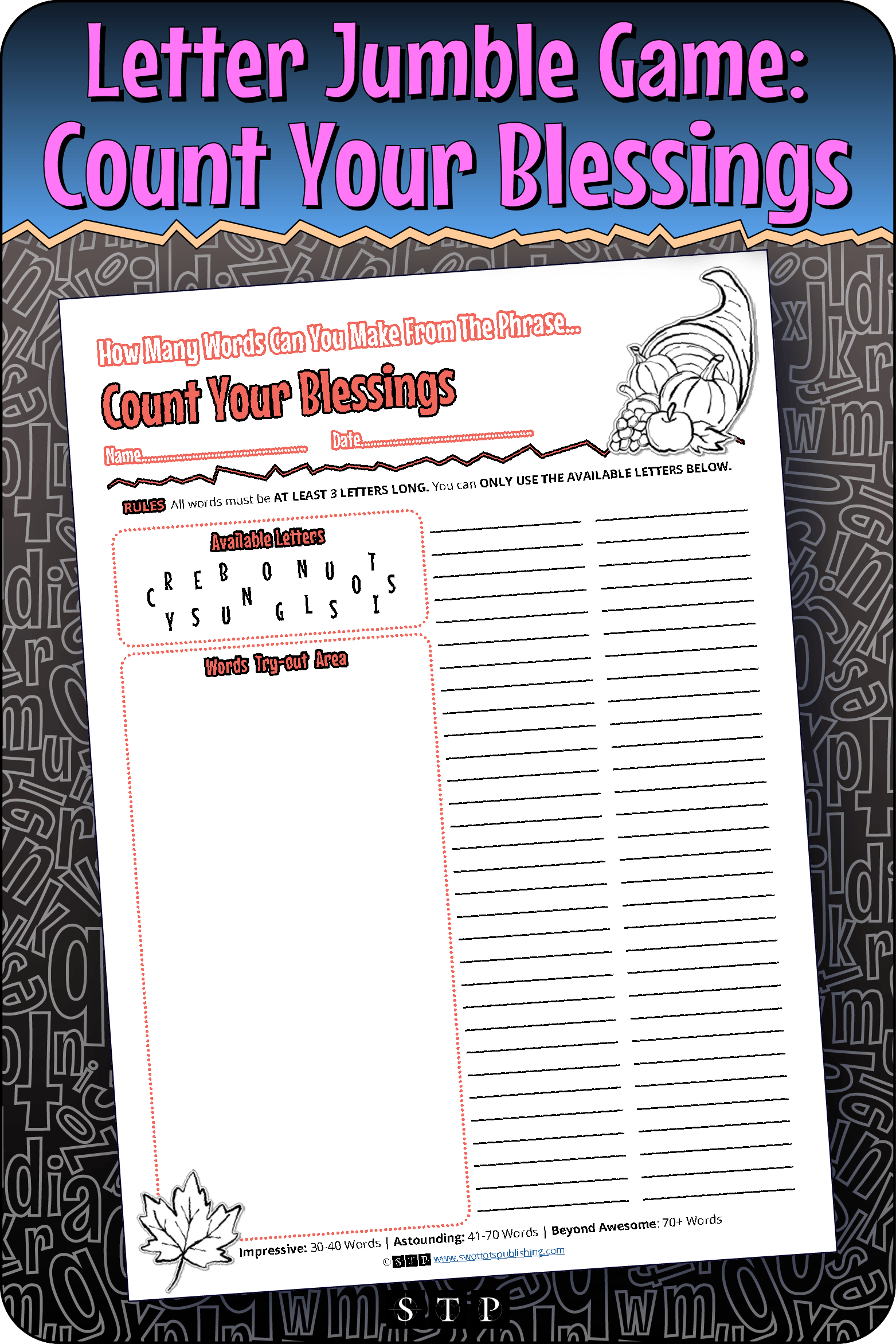 A mock-up of the 'Count Your Blessings' (Version 1) letter jumble, a free word game for download.