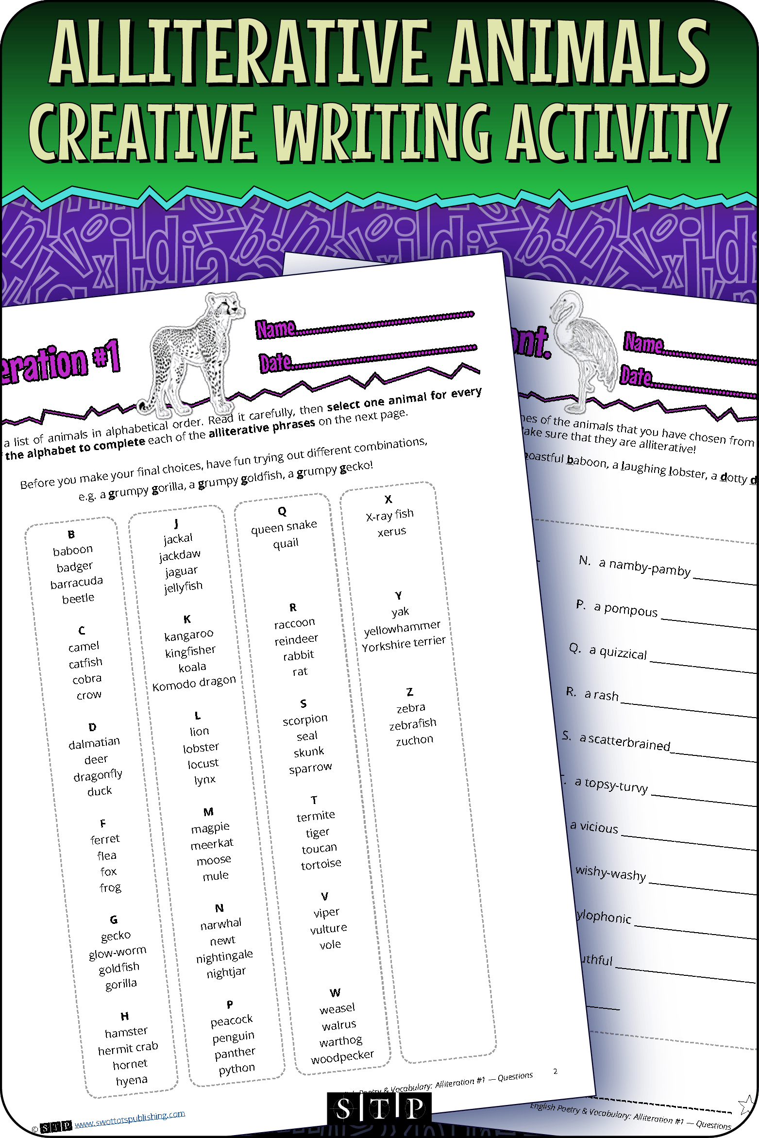 A mock-up of the 'Alliterative Animals' activity, a free poetry and creative writing resource for download.