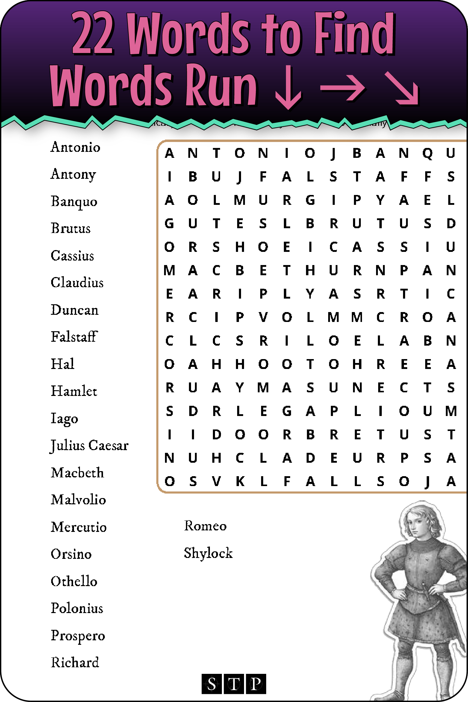 A 'look inside' preview showing the total number of words to find and the directions that the words take in the grid of the 'Shakespeare Characters #1' word search puzzle.