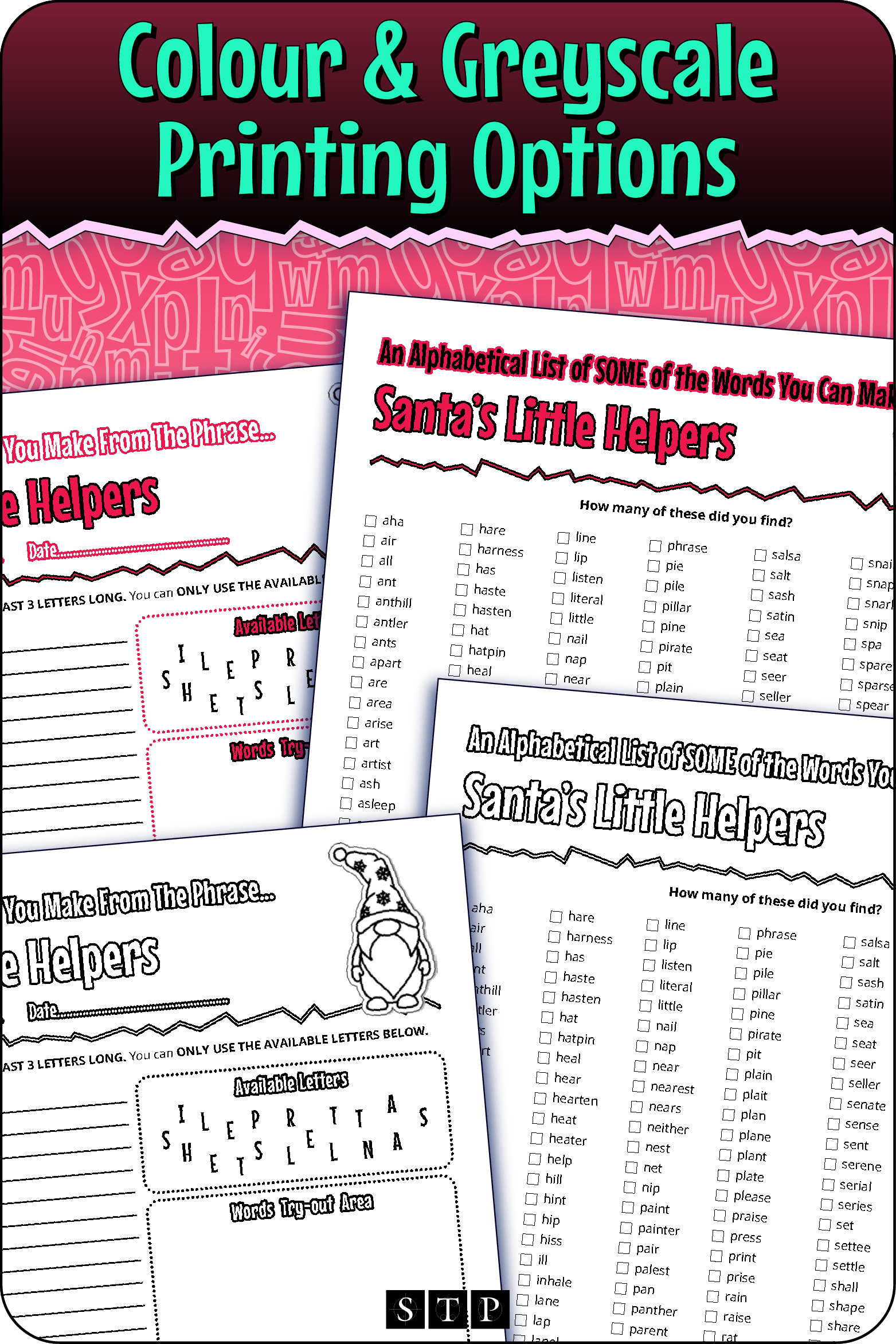 A 'look inside' preview showing the resource is available in both colour-accented and ink-friendly greyscale printing options.