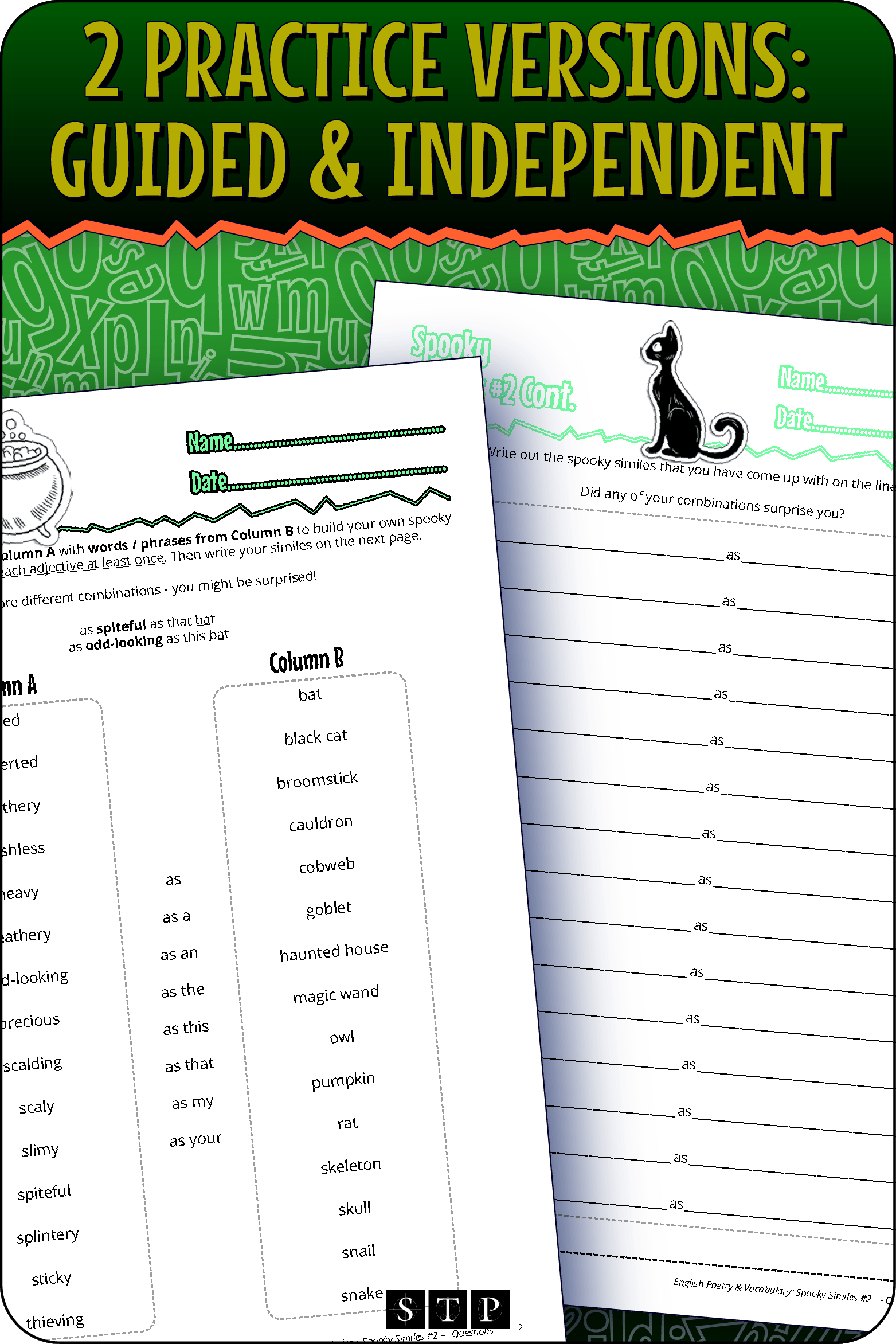 A 'look inside' preview showing the two differentiated activities: Version 1 (Guided Practice) with hints and Version 2 (Independent Practice).
