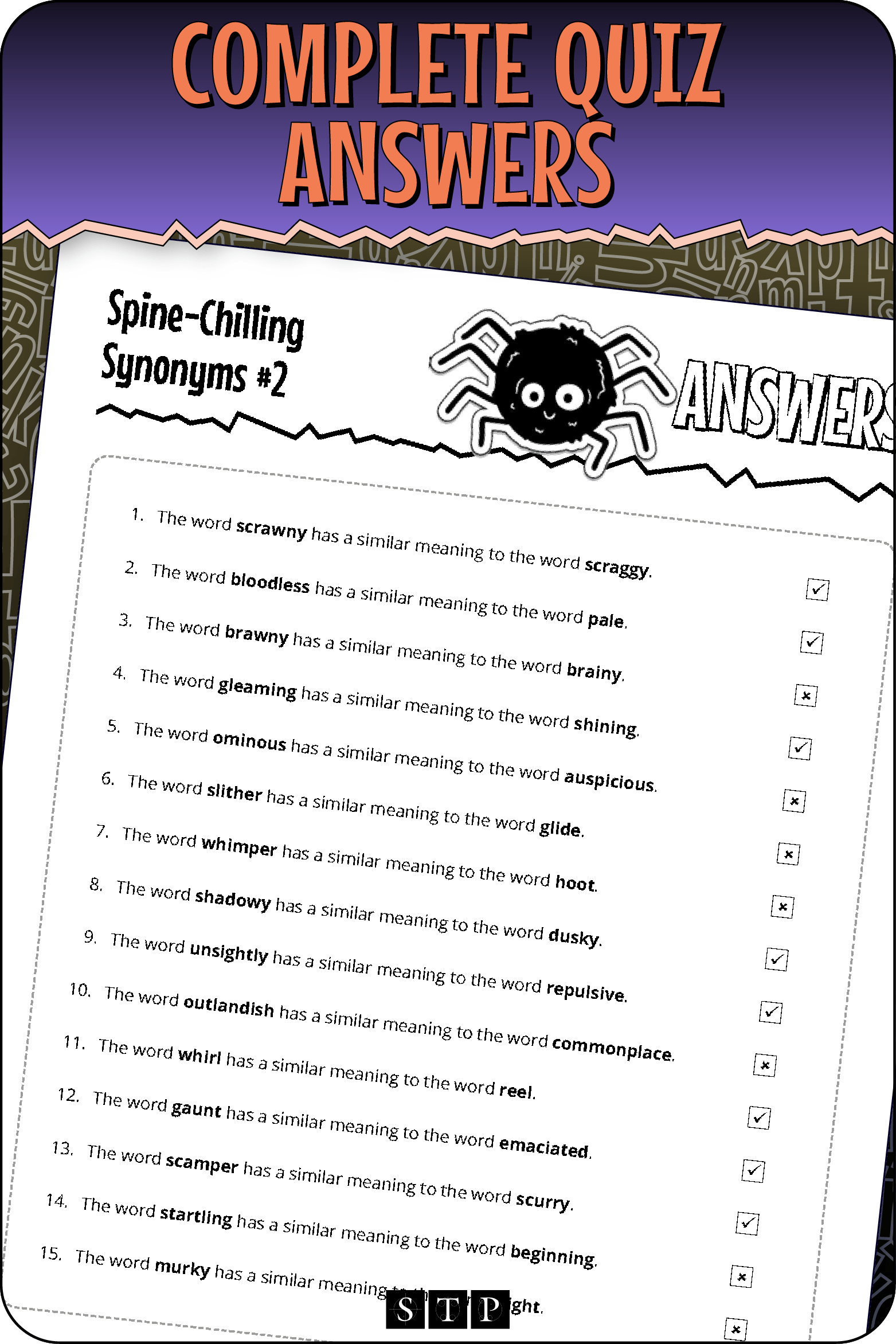 A 'look inside' preview showing the complete 'Spine-Chilling Synonyms #2' quiz answers.