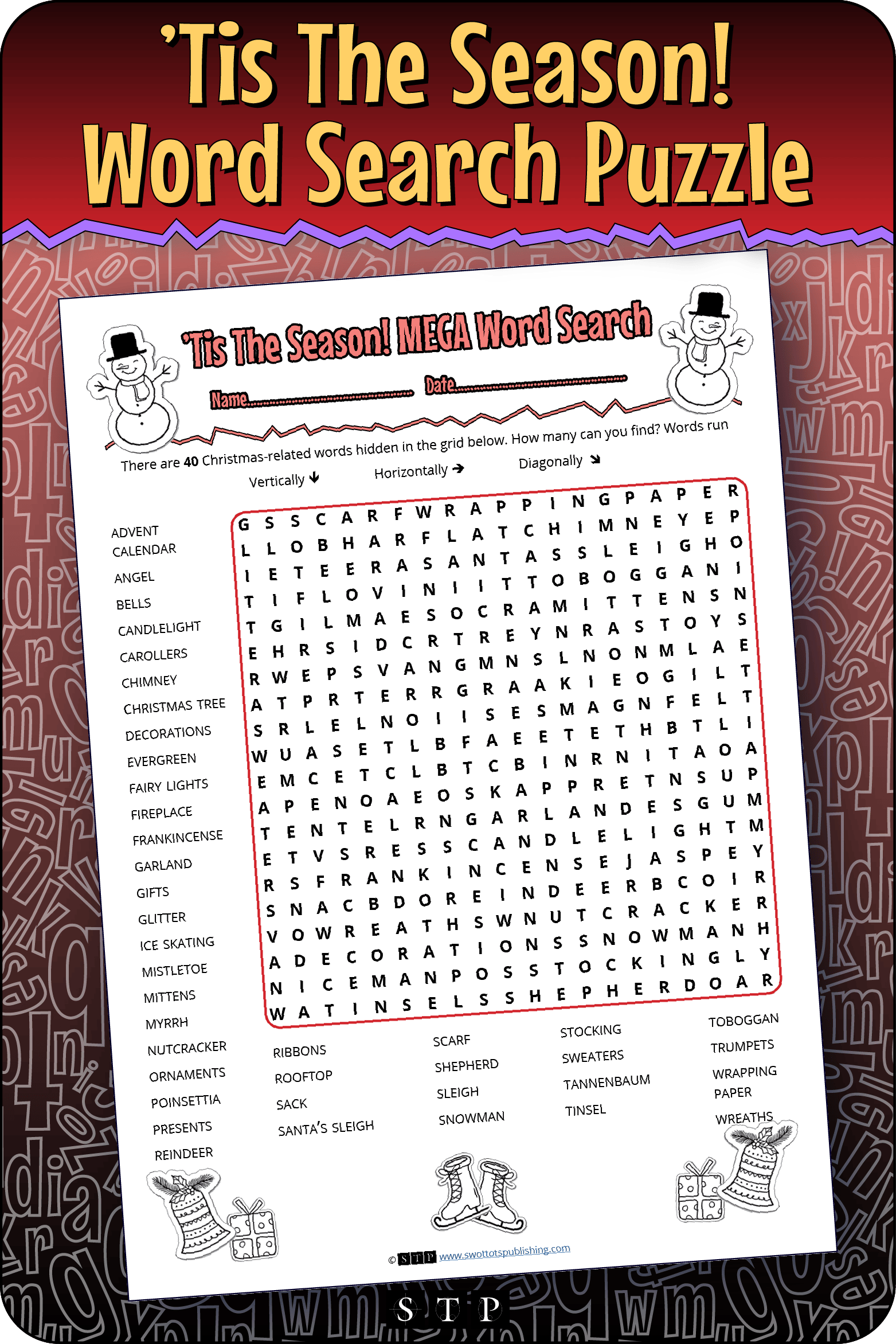 A mock-up of the 'Tis the Season' word search puzzle, a free word game for download.