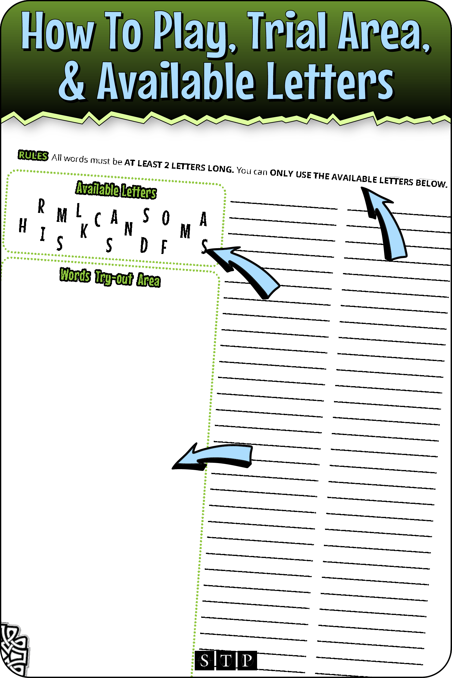 A 'look inside' preview highlighting the rules for the 'Shamrocks & Smiles' (Version 2) letter jumble