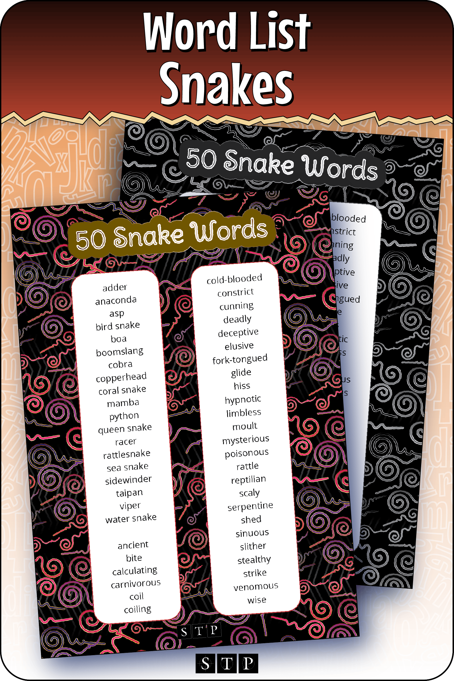 A mock-up of the  '50 Snakes Words' words list, a free vocabulary and spelling resource for download for Years 5 & 6.
