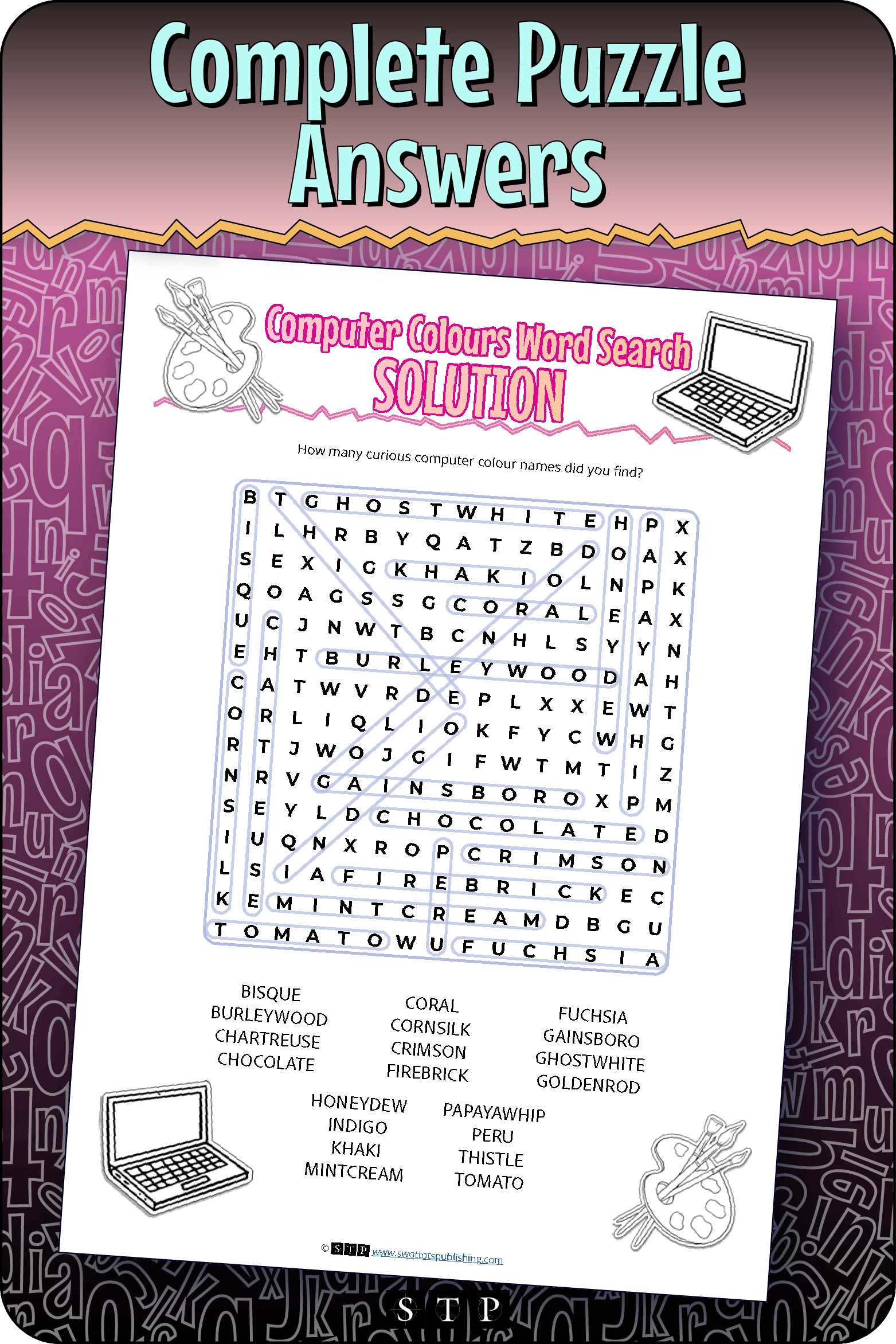 A 'look inside' preview showing the complete Computer Colours word search puzzle answers.