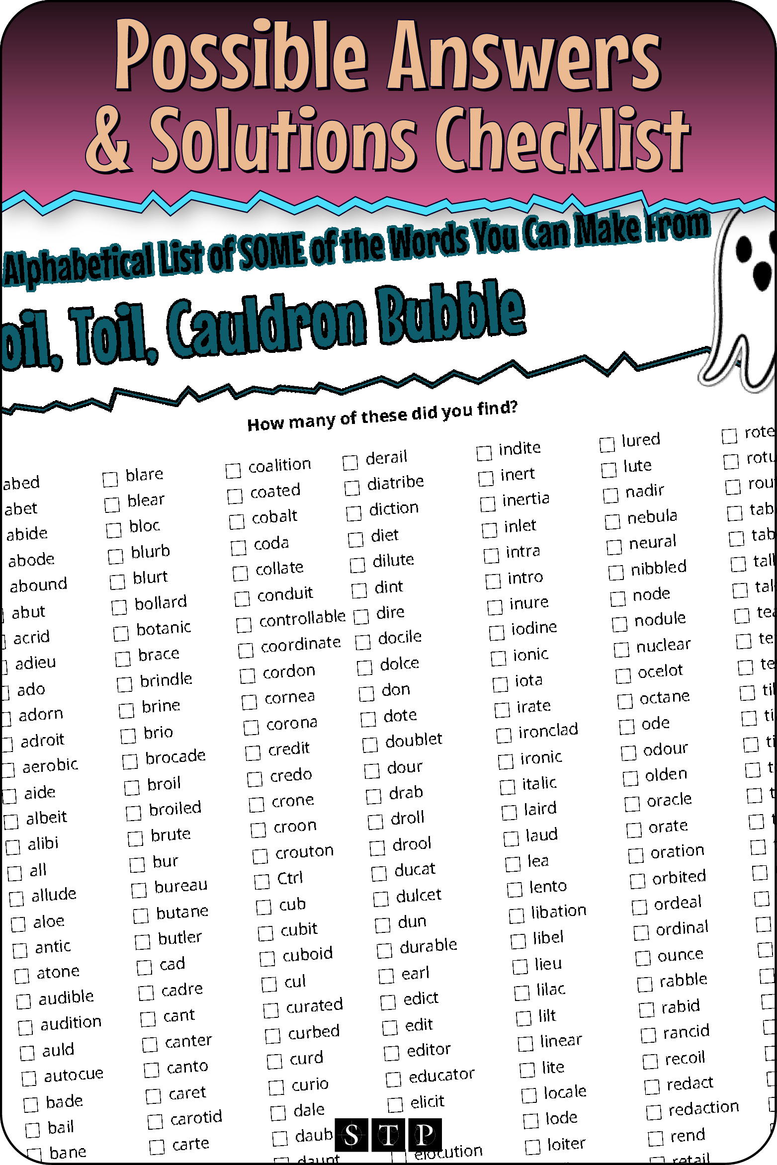 A 'look inside' preview showing a list of possible solutions for the 'Boil, Toil, Cauldron Bubble' (Version 4) letter jumble