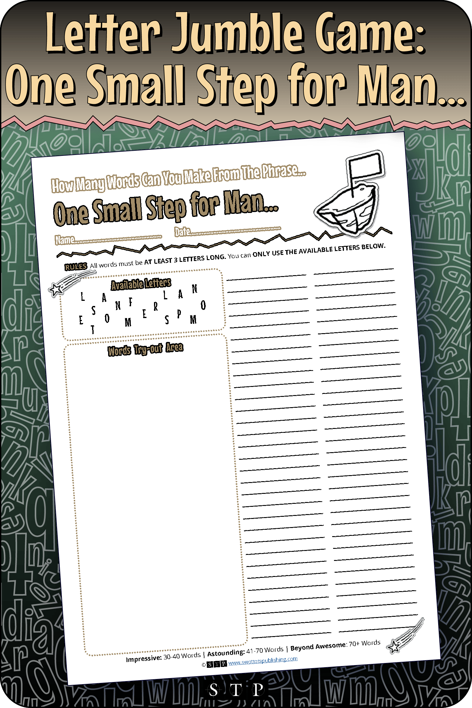 A mock-up of the 'One Small Step for Man' (Version 1) letter jumble, a free word game for download.