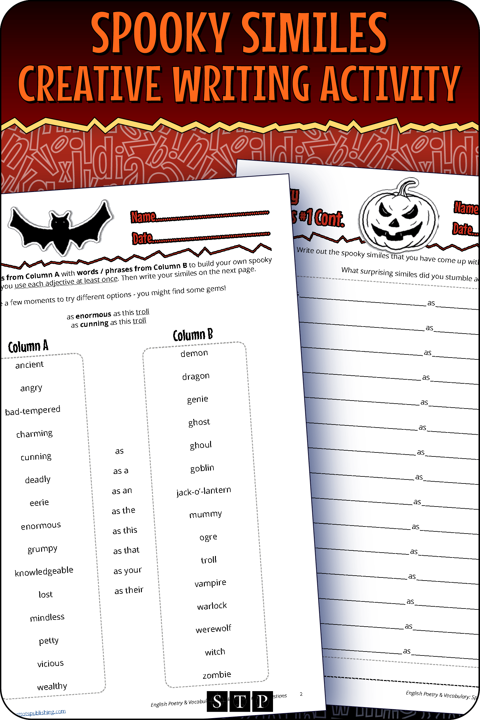 A mock-up of the 'Spooky Similes #1' activity, a free poetry and creative writing resource for download.