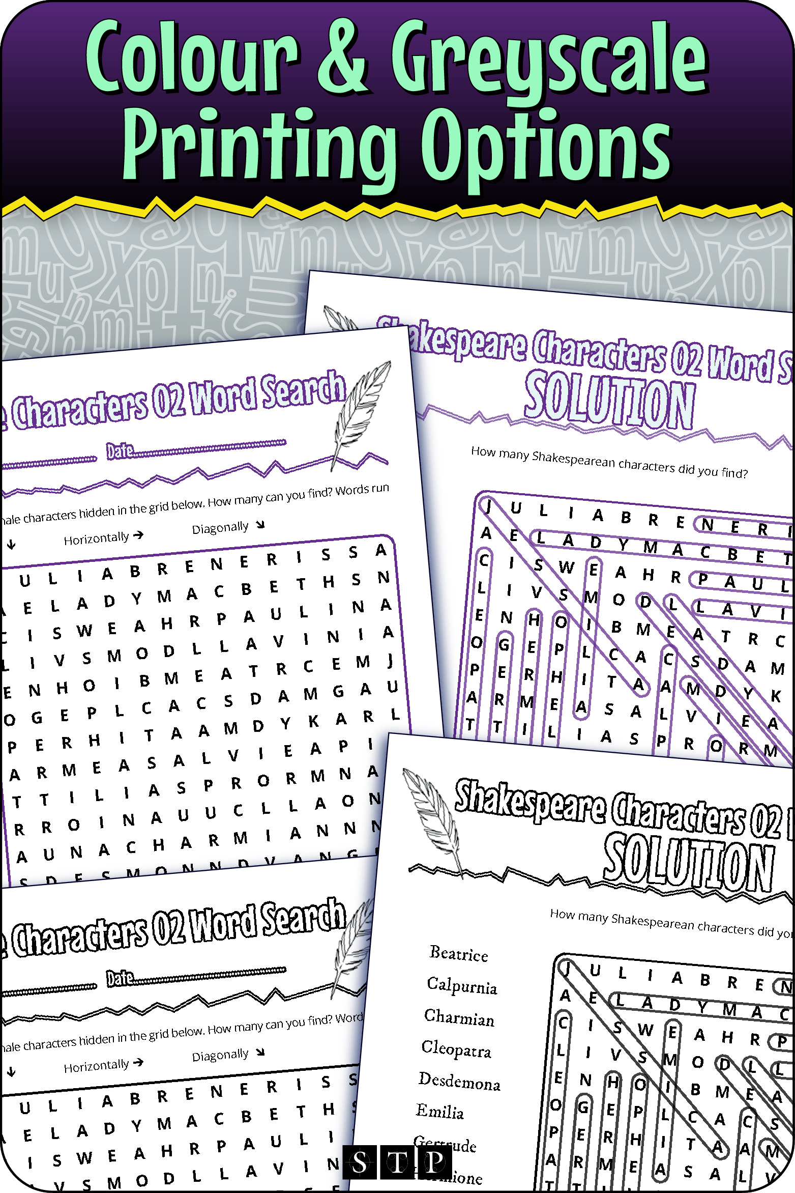 A 'look inside' preview showing the resource is available in both colour-accented and ink-friendly greyscale printing options.