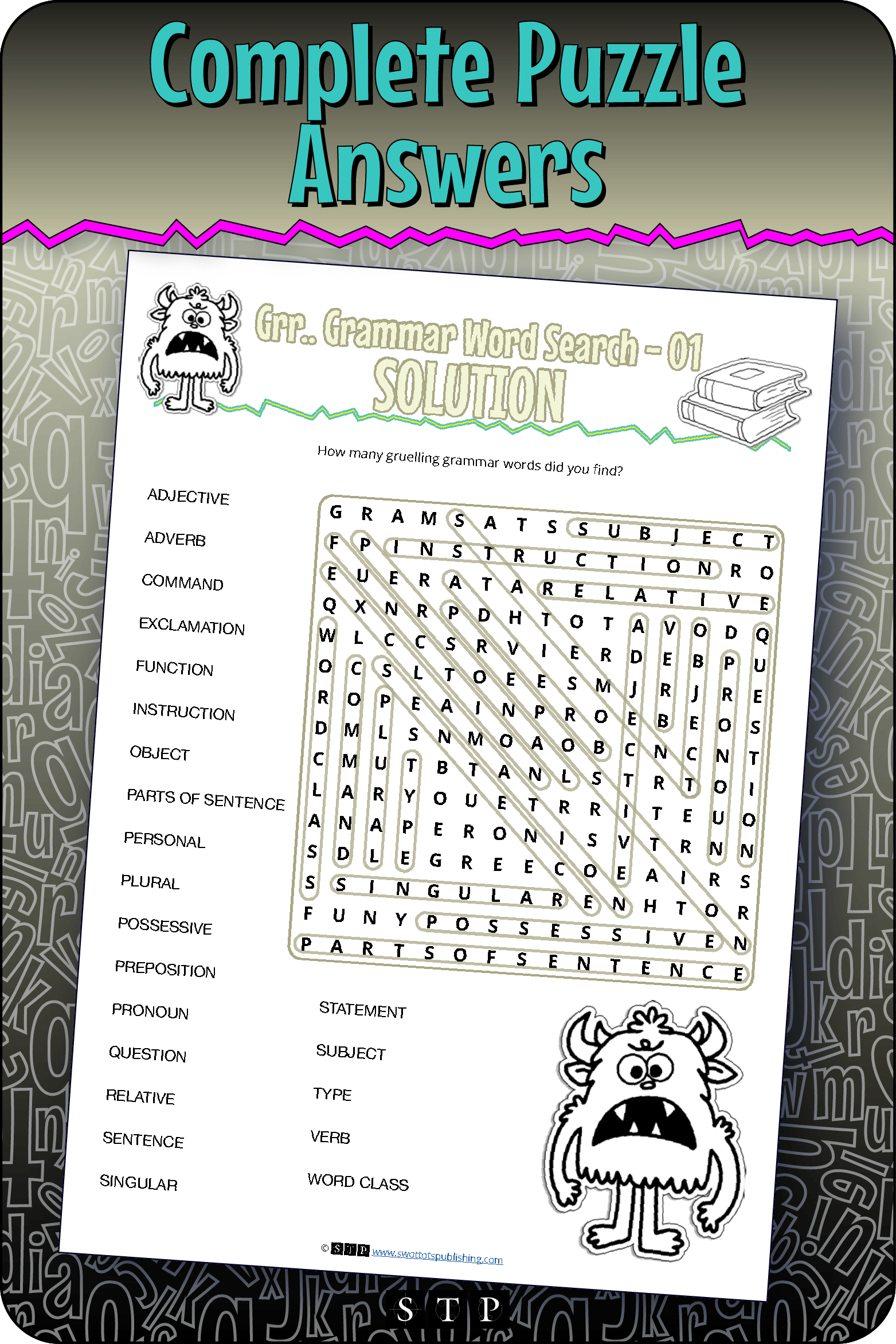 A 'look inside' preview showing the complete Grr… Grammar 01 word search puzzle answers.