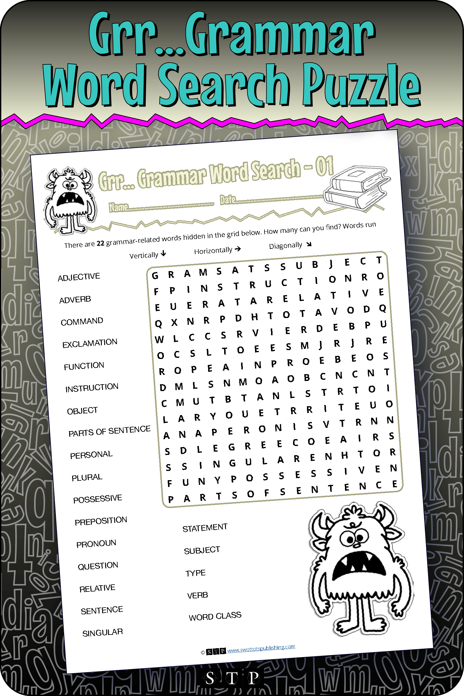A mock-up of the 'Grr…Grammar #1' word search puzzle, a free word game for download.