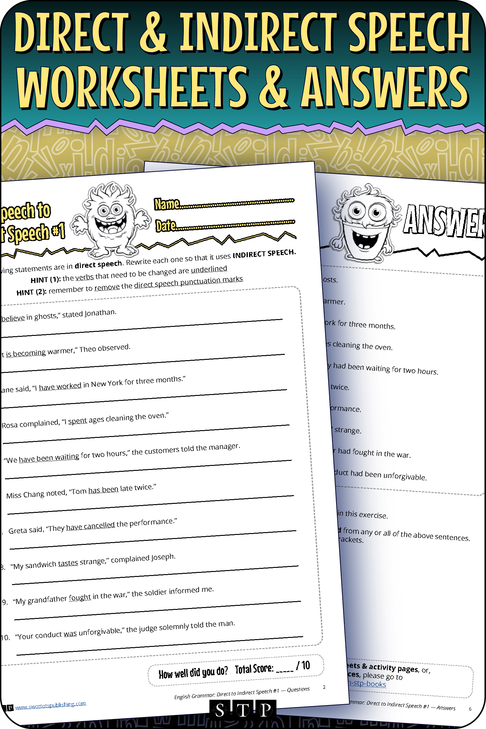 A mock-up of the 'Direct & Indirect Speech #1' worksheets and answer key, a free grammar resource for download.
