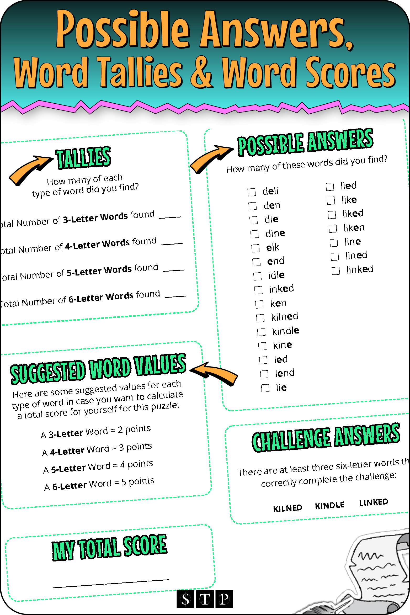 A 'look inside' preview highlighting the key features of the second page of the 'EIDNLK' word wheel puzzle