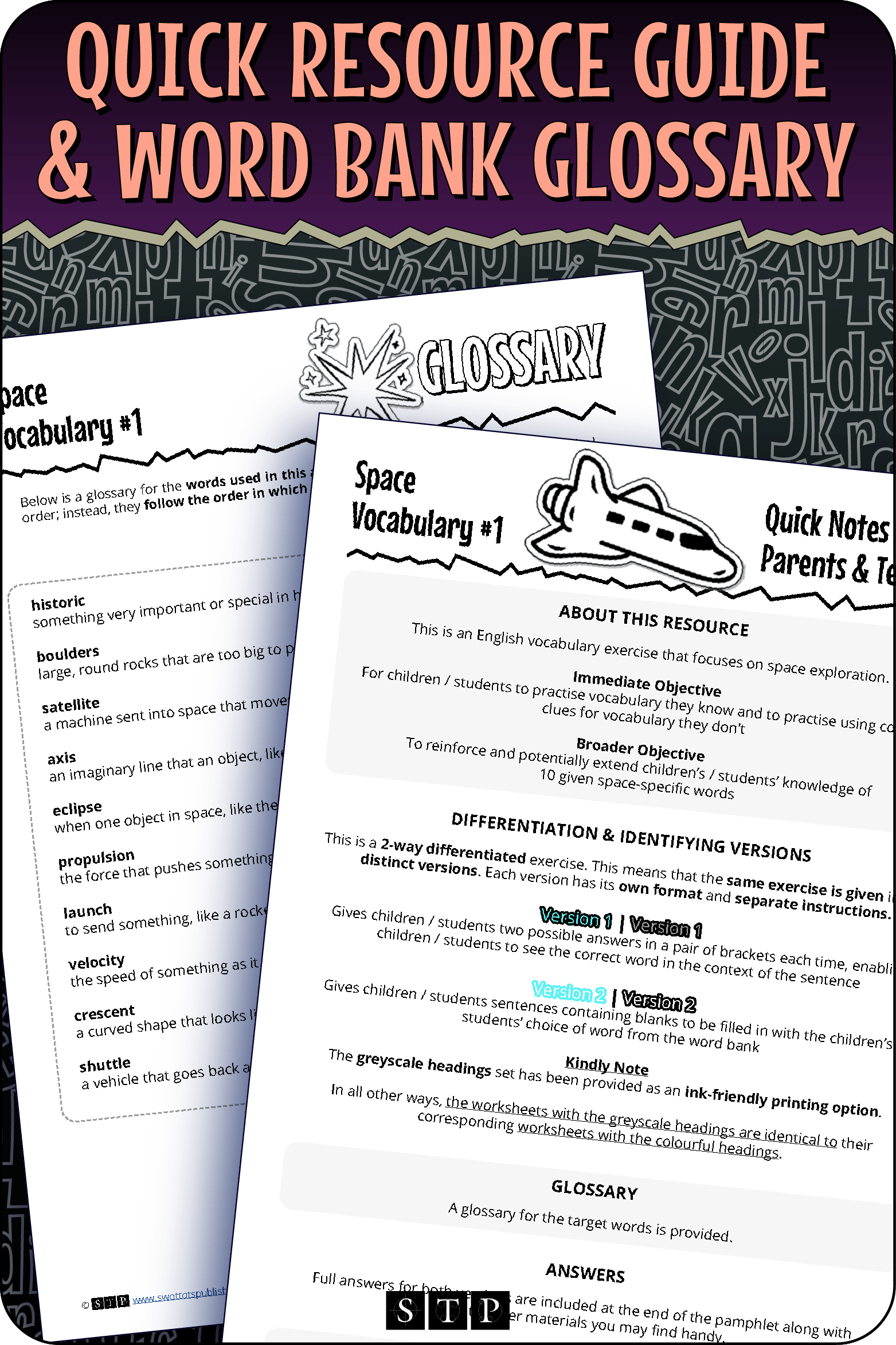 A 'look inside' preview showing the glossary and the 'Quick Resource Guide for Parents & Teachers' included with the worksheets, explaining the resource's learning objectives and differentiated versions of the 'Space Vocabulary #1' worksheets.