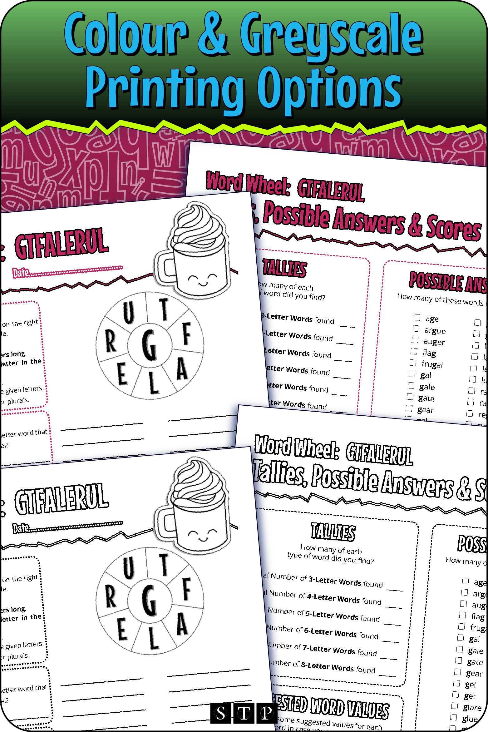 A 'look inside' preview showing the resource is available in both colour-accented and ink-friendly greyscale printing options.