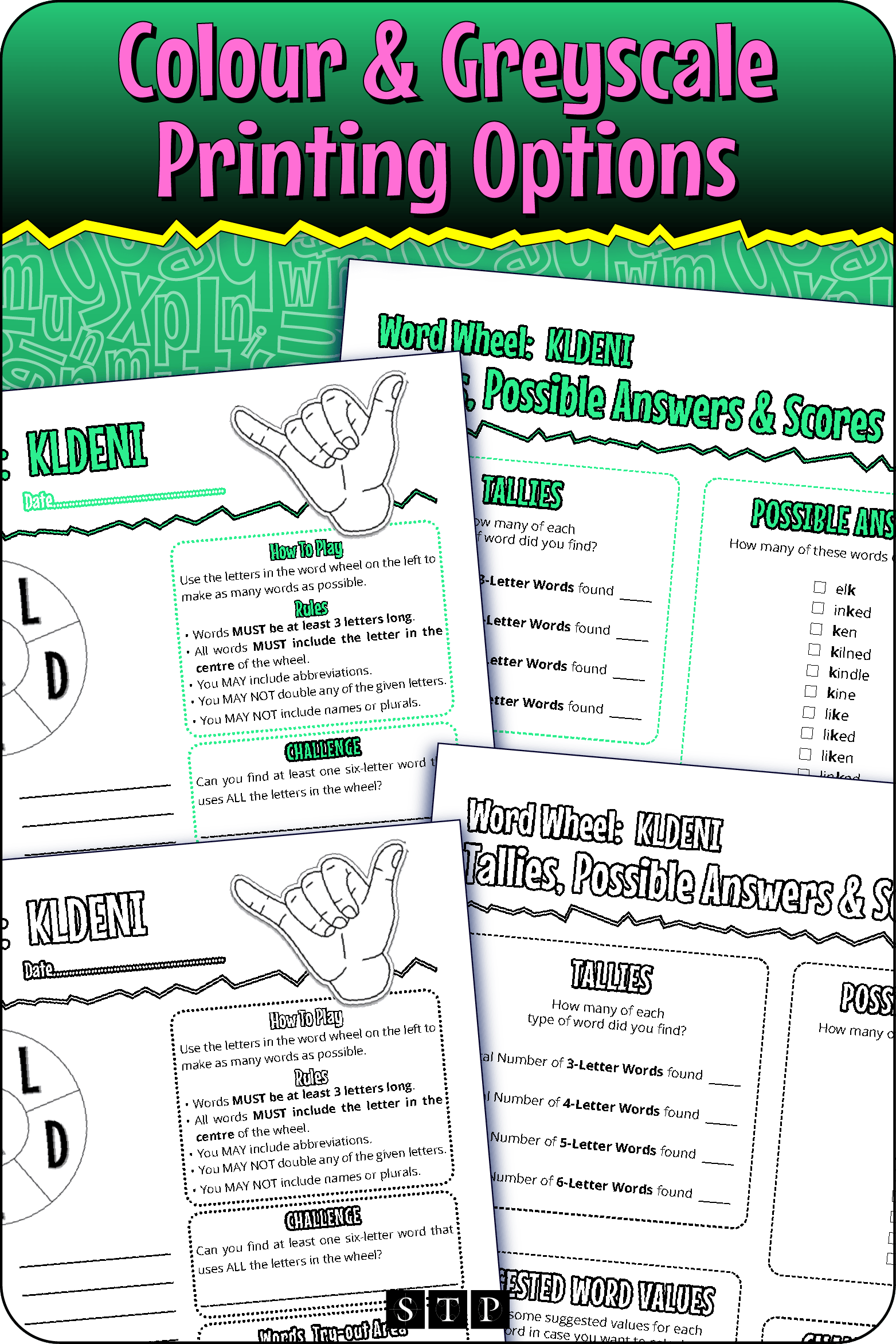 A 'look inside' preview showing the resource is available in both colour-accented and ink-friendly greyscale printing options.