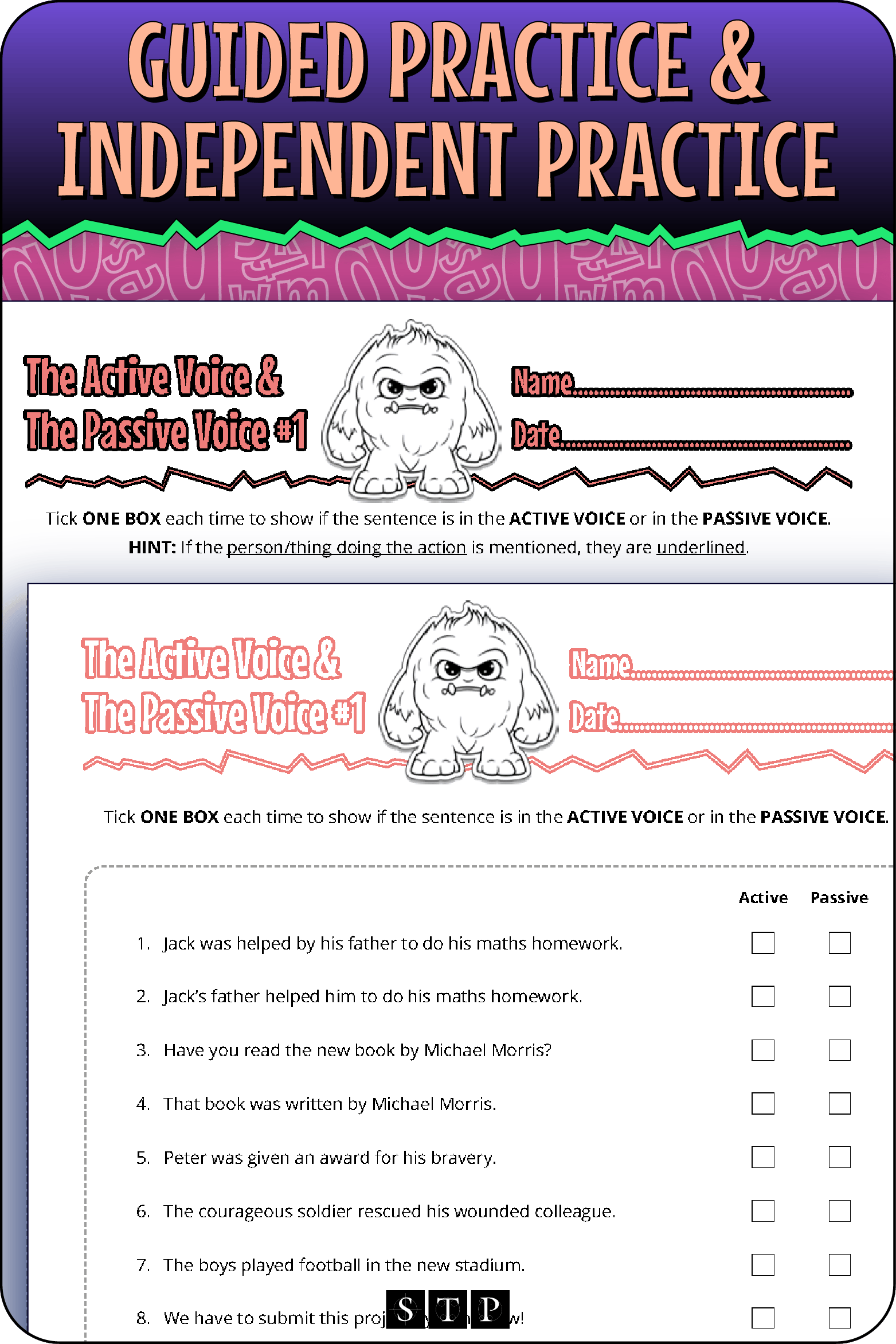 A 'look inside' preview showing the two differentiated worksheets: Version 1 (Guided Practice) with hints and Version 2 (Independent Practice).