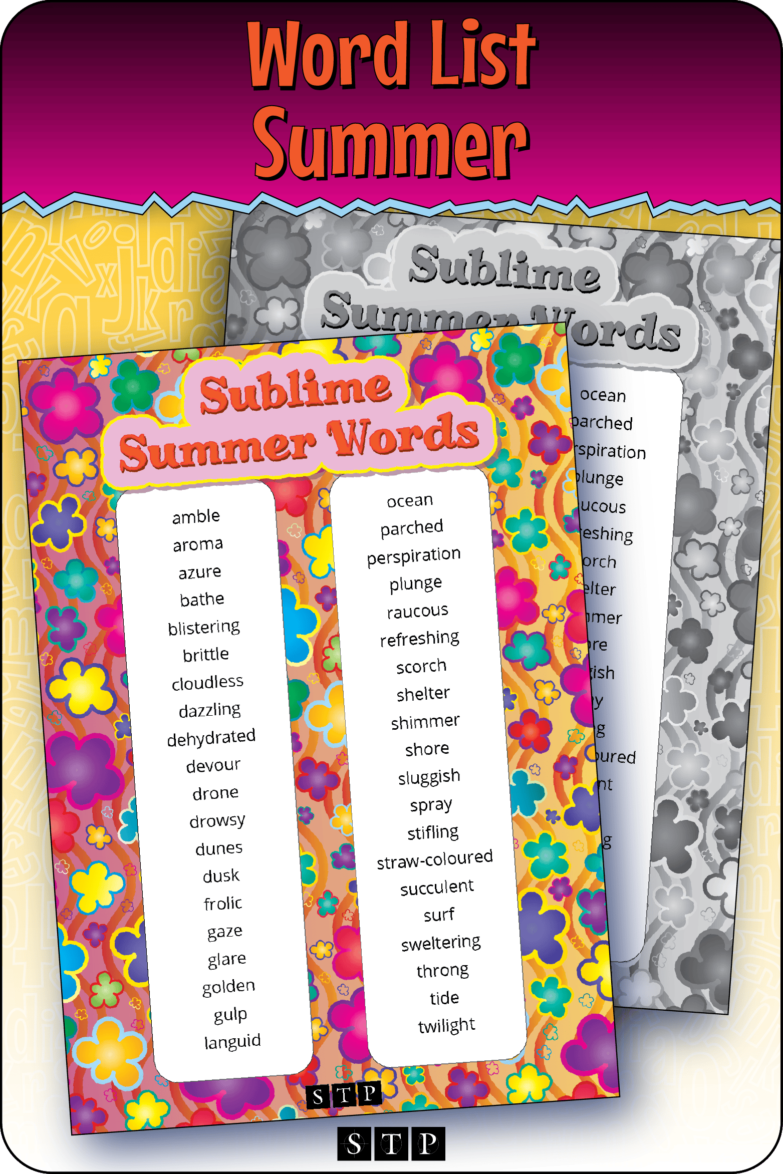 A mock-up of the 'Sublime Summer Words' words list, a free vocabulary and spelling resource for download for Years 7 & 8.