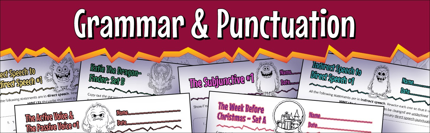 A banner marking the start of the grammar and punctuation worksheets and activities.