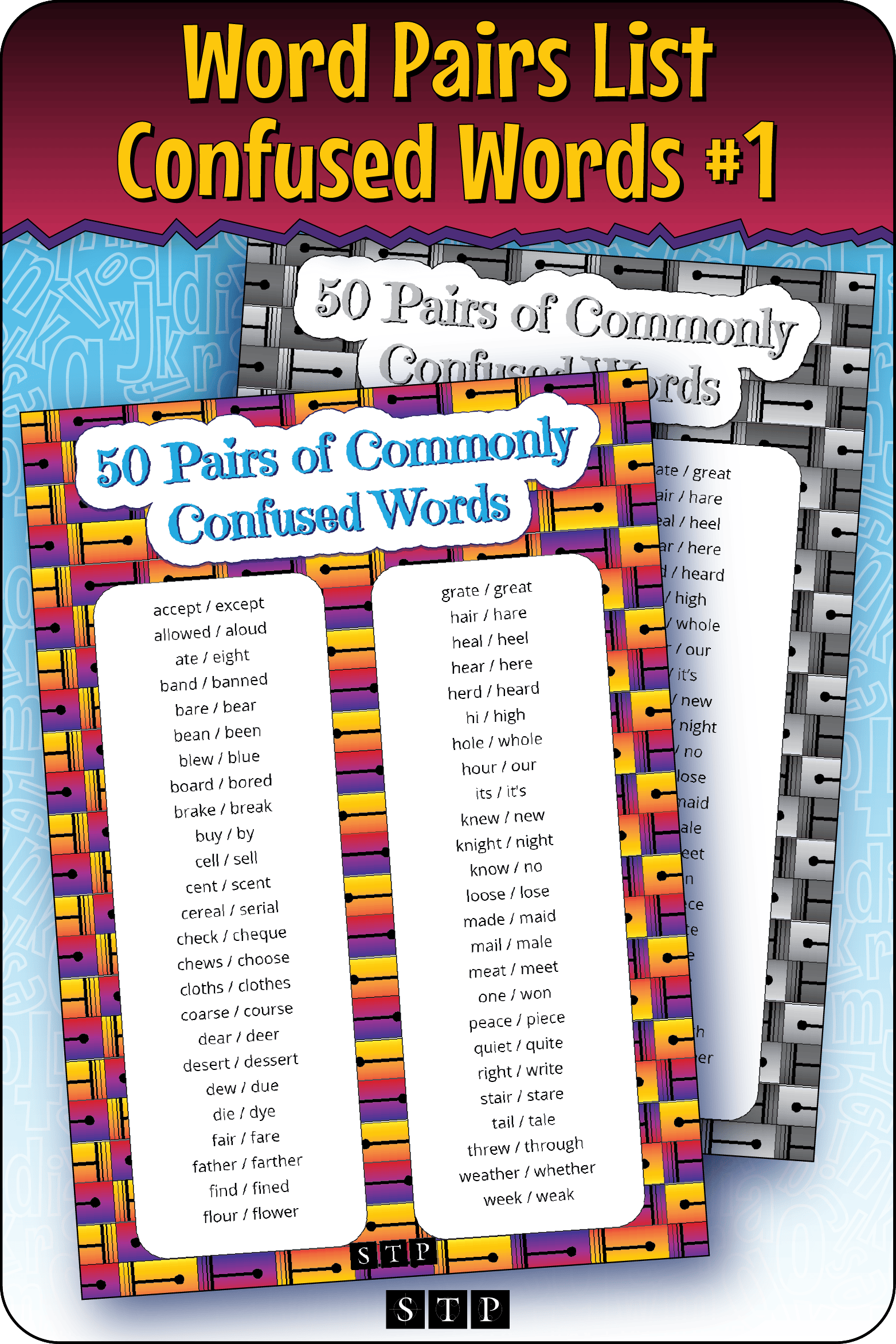 A mock-up of the '50 Pairs of Commonly Confused Words' word pairs list, a free vocabulary and spelling resource for download for Years 5 & 6.