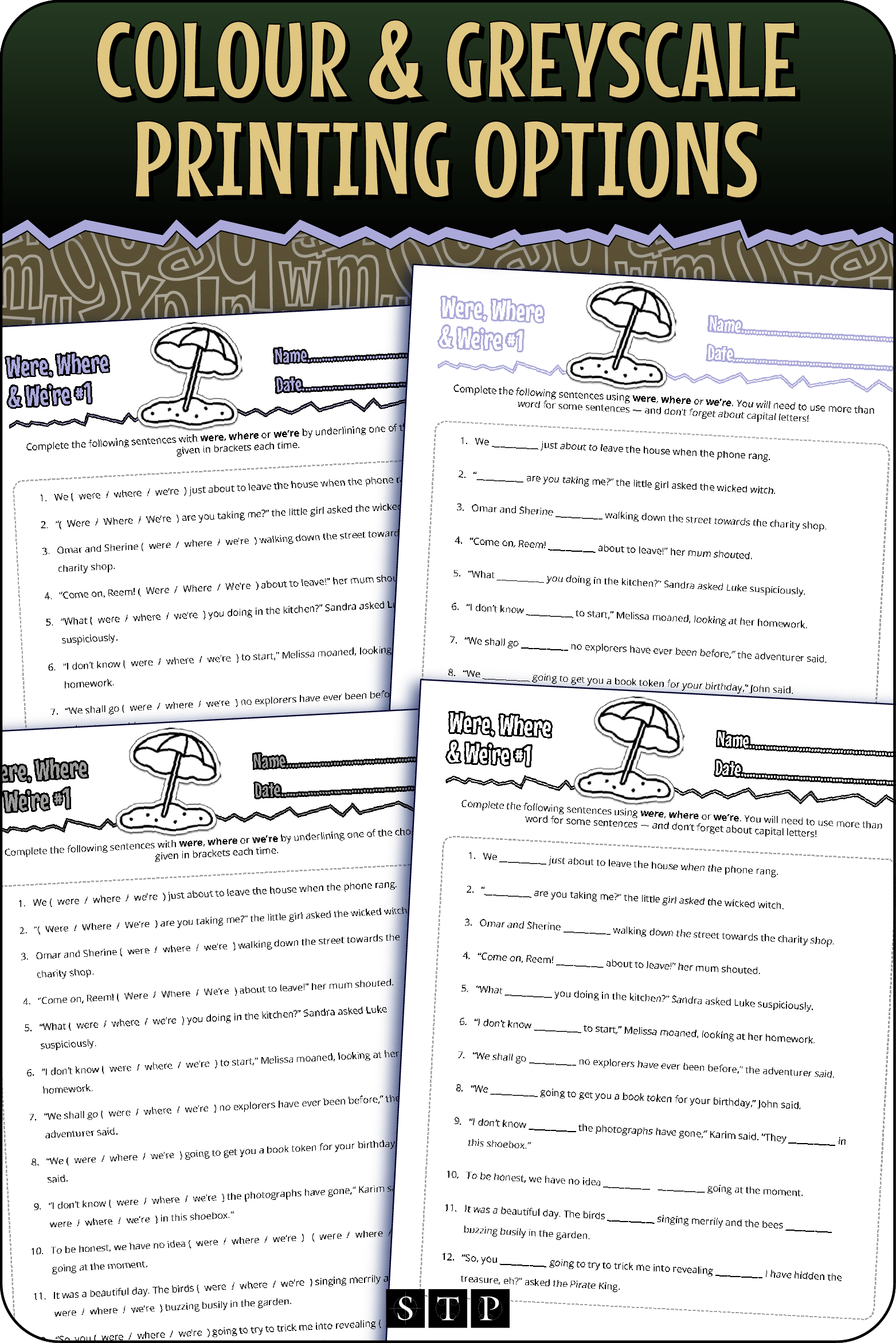A 'look inside' preview showing the resource is available in both colour-accented and ink-friendly greyscale printing options.