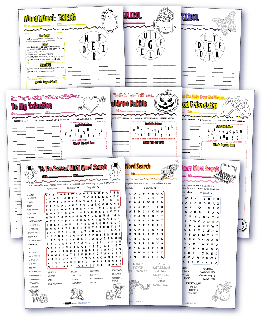 A selection of free word games (word searches, letter jumbles, and word wheels) available from STP Books.