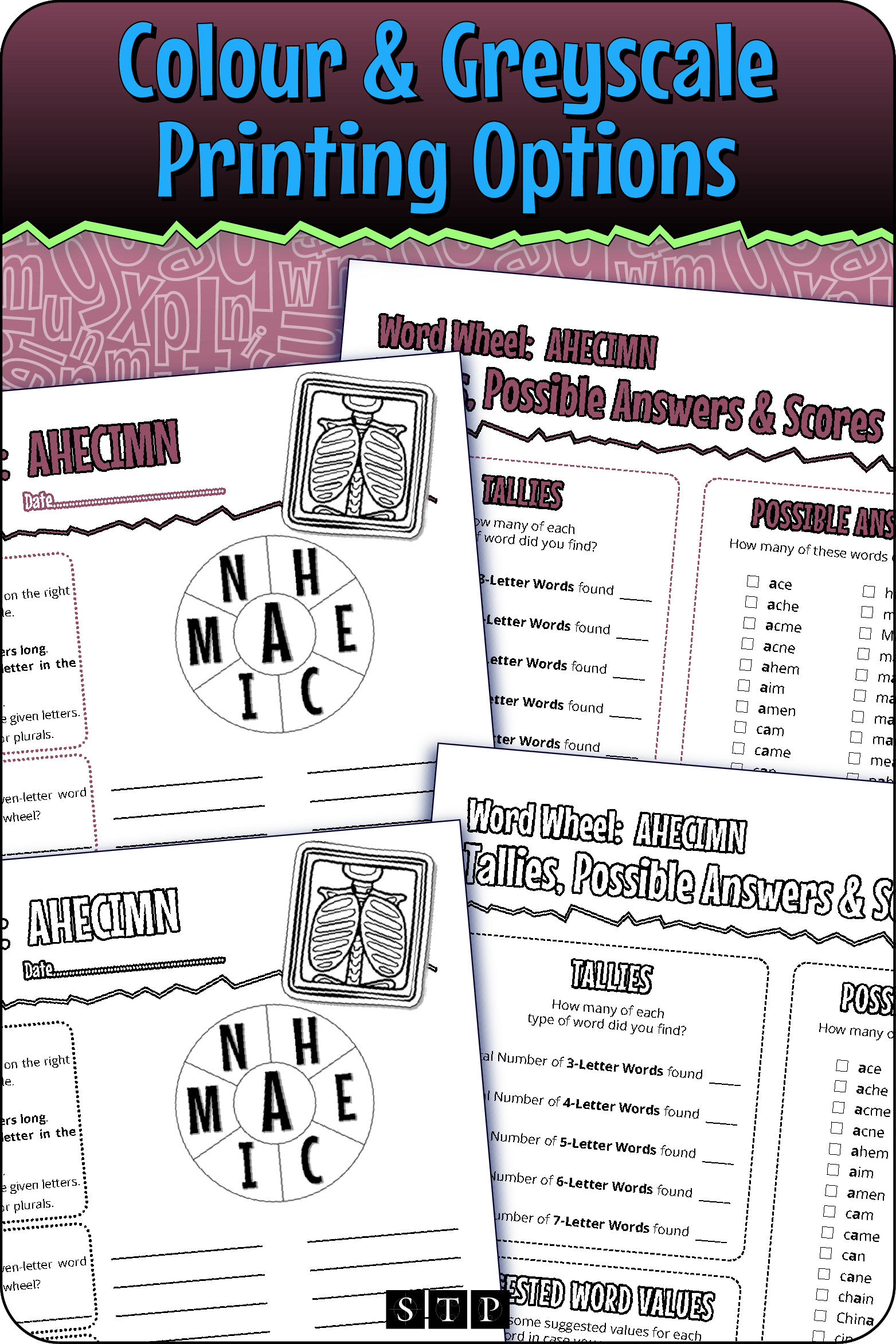 A 'look inside' preview showing the resource is available in both colour-accented and ink-friendly greyscale printing options.