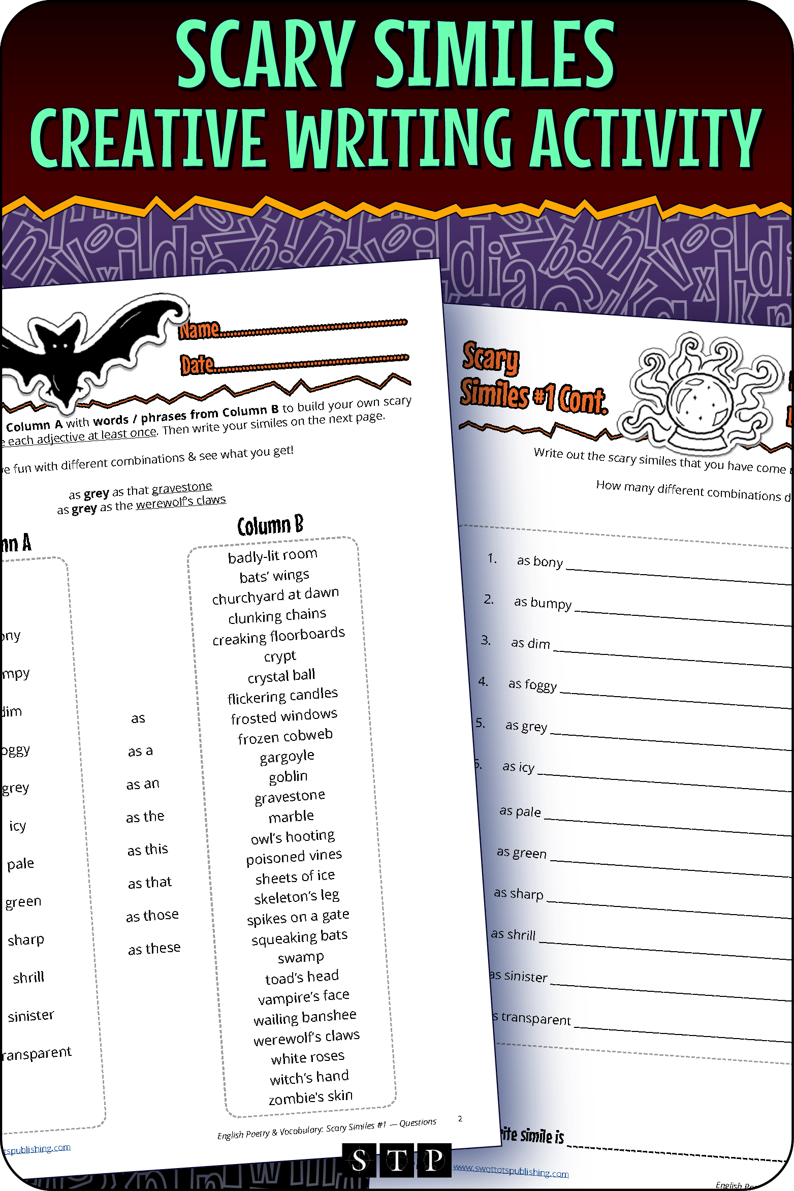 A mock-up of the 'Scary Similes #1' activity, a free poetry and creative writing resource for download.