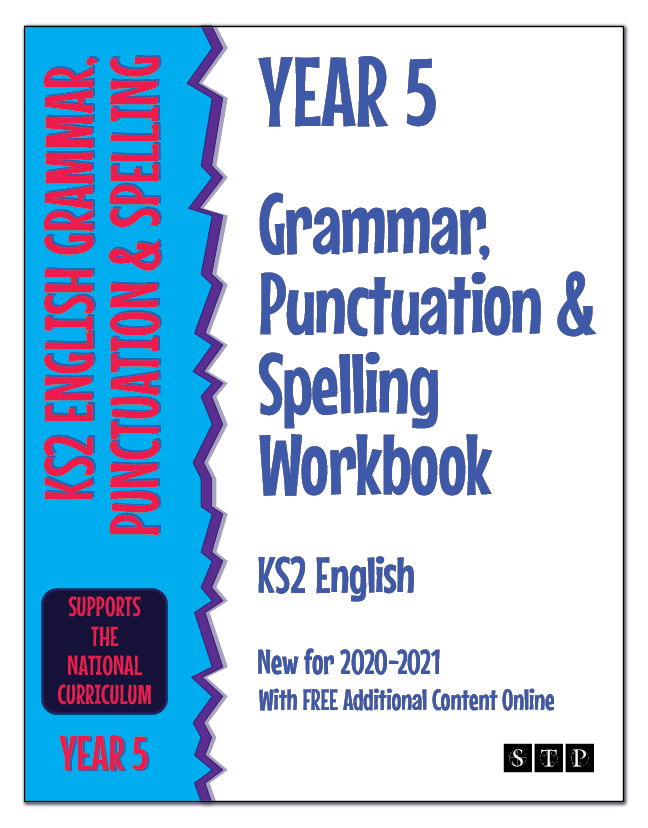 The book cover of 'Year 5 Grammar, Punctuation & Spelling Workbook' for KS2 English.